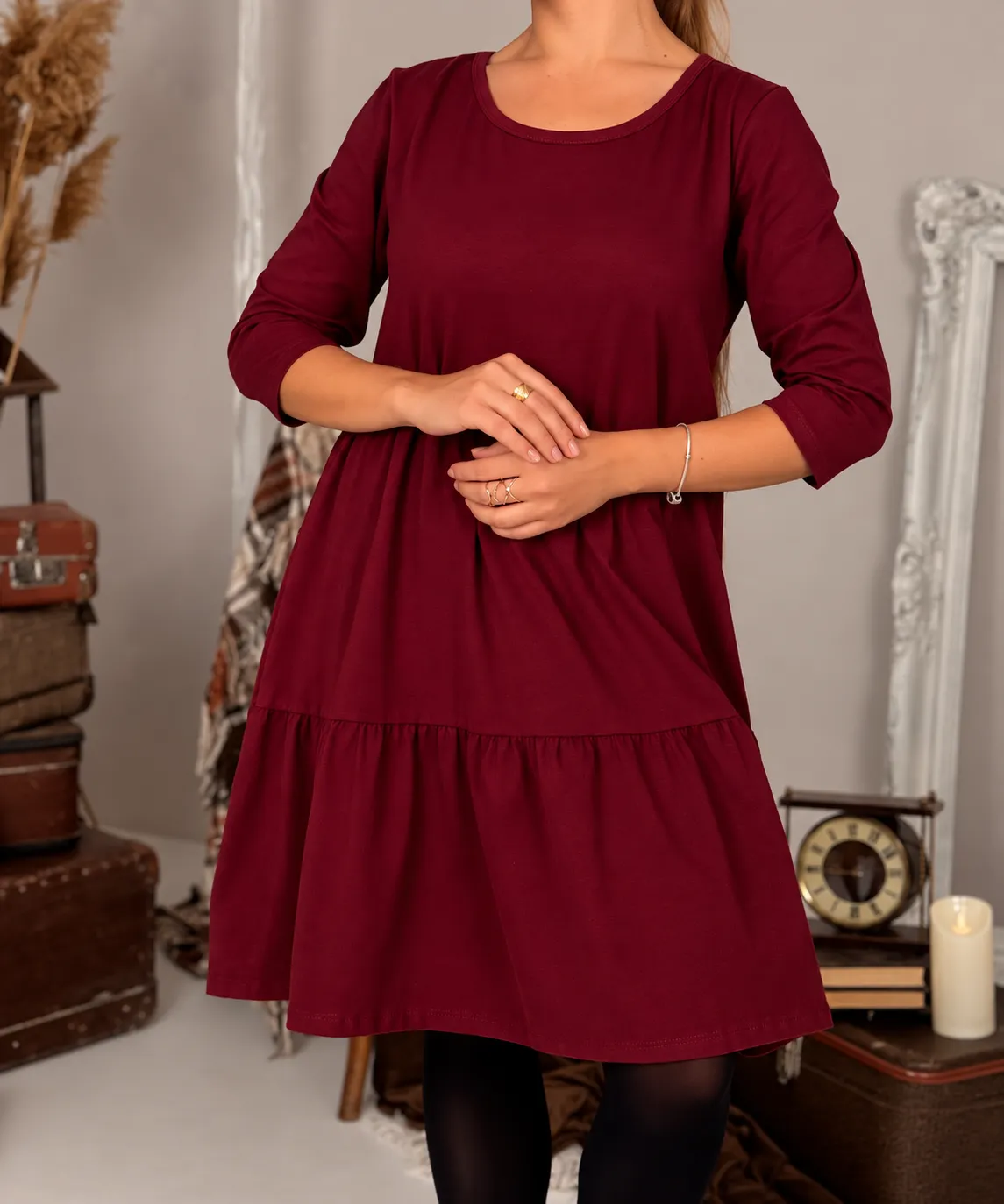JULIANA - šaty s 3/4 rukávem - burgundy, sedne od velikosti S do L