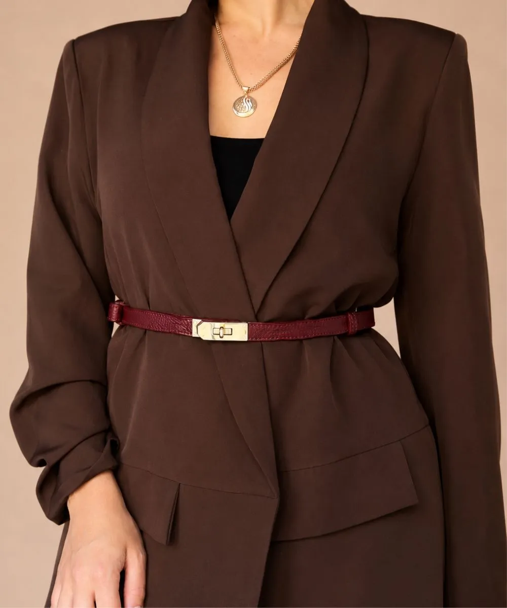 LIVIA - kožený pásek se zlatou sponou - burgundy, UNI velikost (68-120 cm)