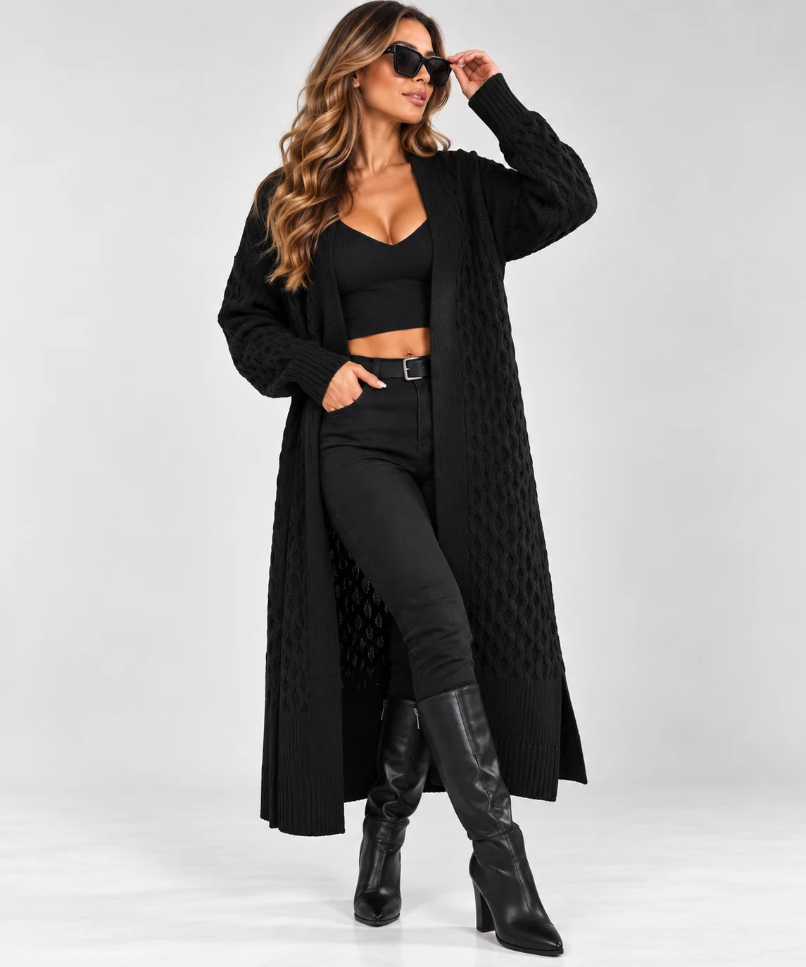 ADRIANA - dlouhý kardigan - černá, velikost sedne od S do XL