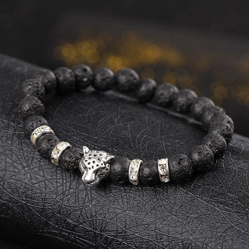 Lávový náramek se stříbrným levhartem