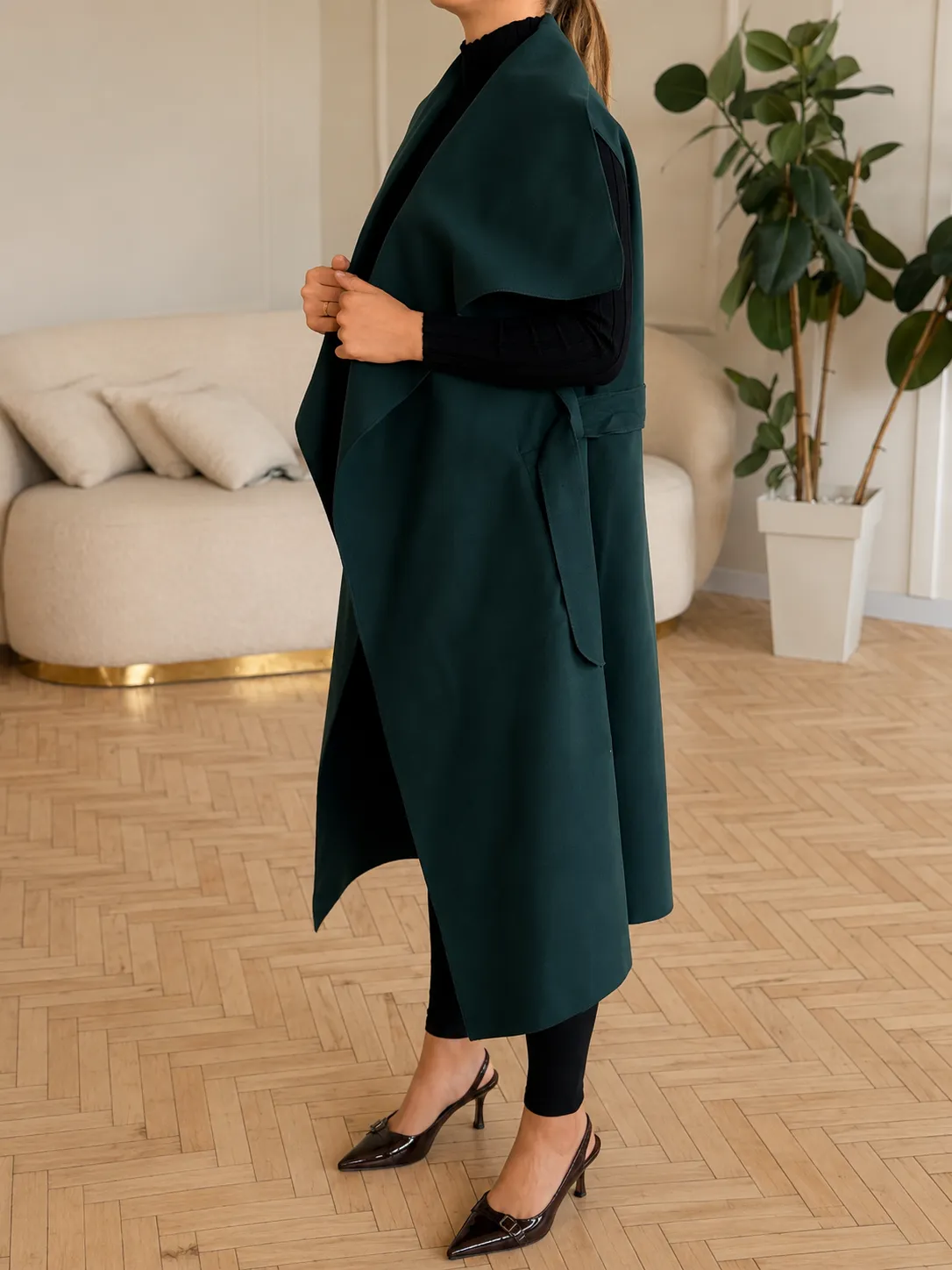 Moly - flaušová vesta dlouhá - smaragdová, sedne od velikosti XS do L