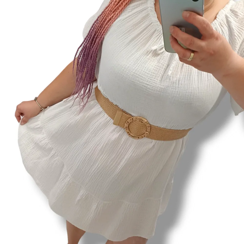 PLUS SIZE pružný přírodní pásek se zlatou sponou - khaki