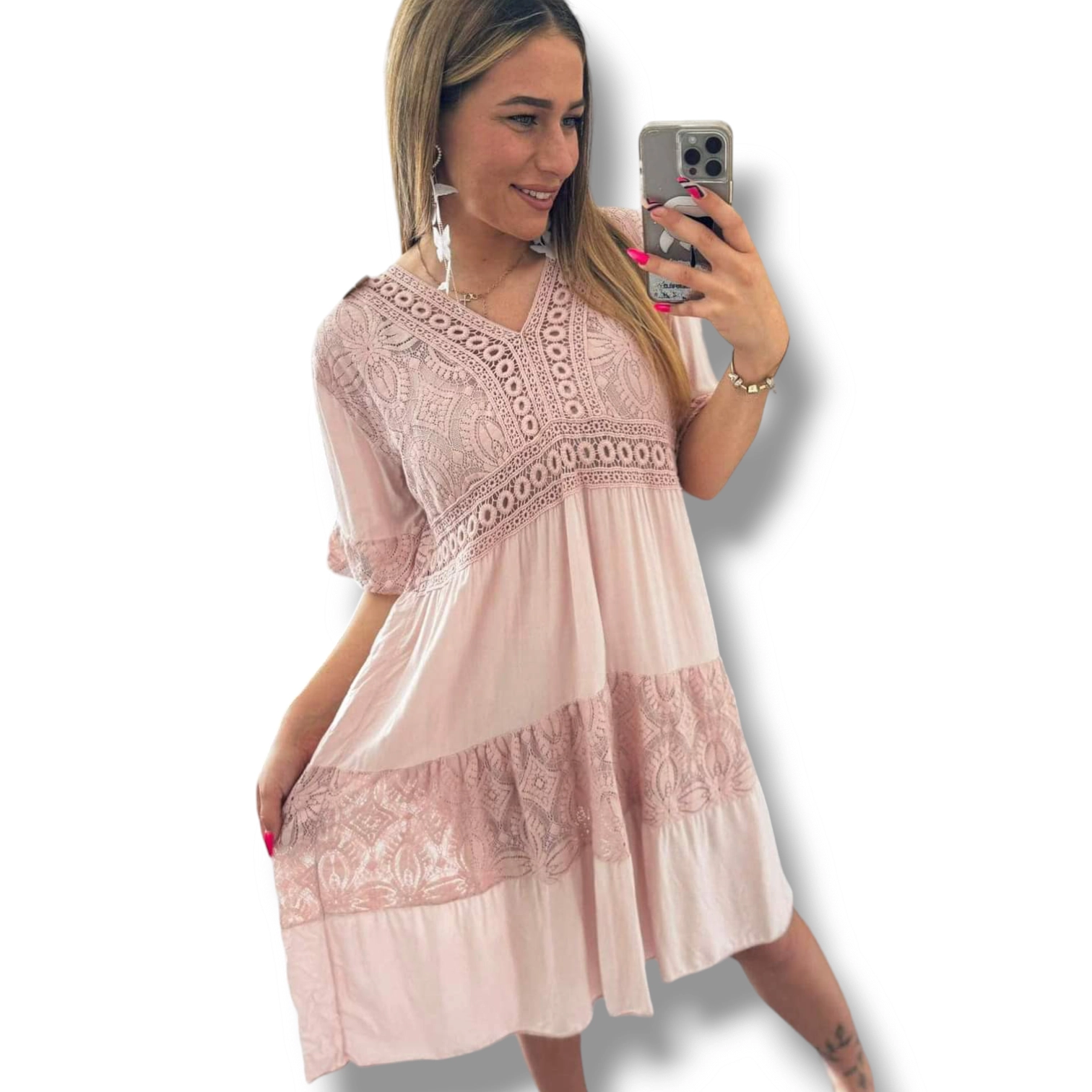 Caorle - krajkové šaty - růžové, sednou od velikosti M do XL