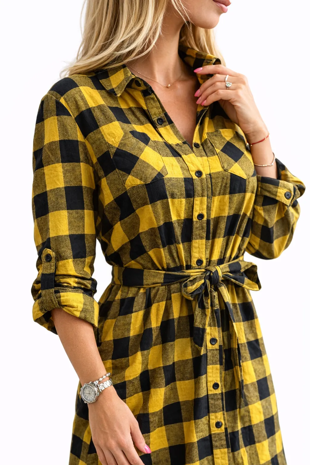 Katie - košilové kostkované šaty s páskem, velikost S/M