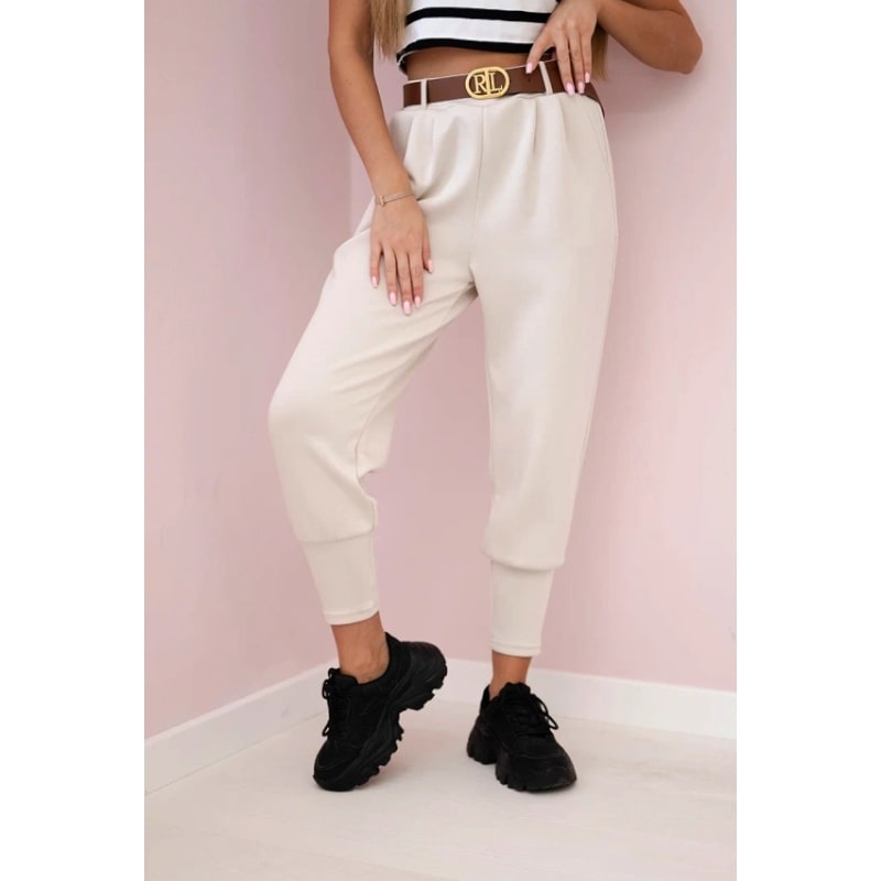 SOPHIA - stylové kalhoty s páskem, béžová, velikost sedne od S do L