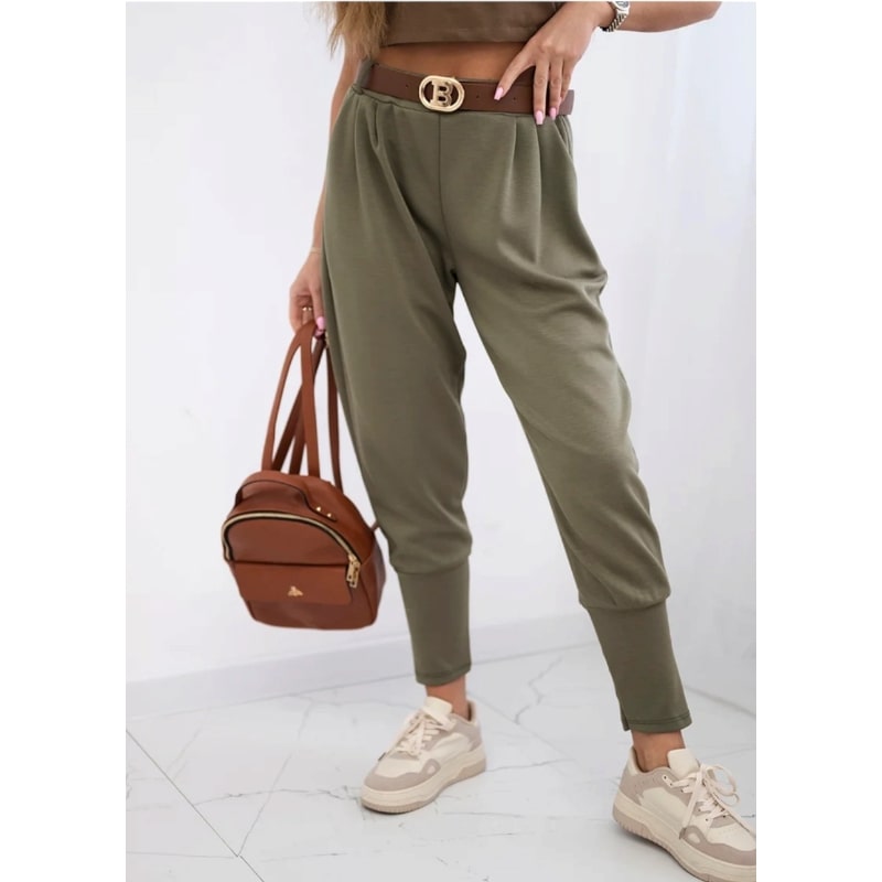 SOPHIA - stylové kalhoty s páskem, khaki, velikost sedne od S do L