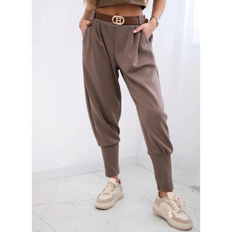 SOPHIA - stylové kalhoty s páskem, hnědá, velikost sedne od S do L