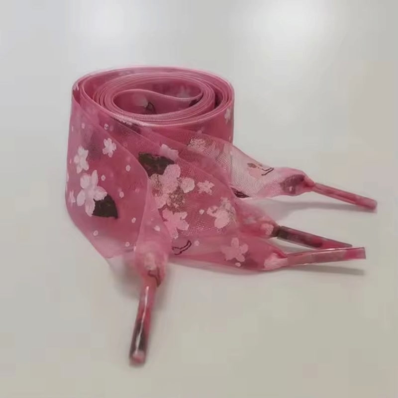 CHERRY LACES – tkaničky se vzorem třešňového květu - růžové - 120 cm