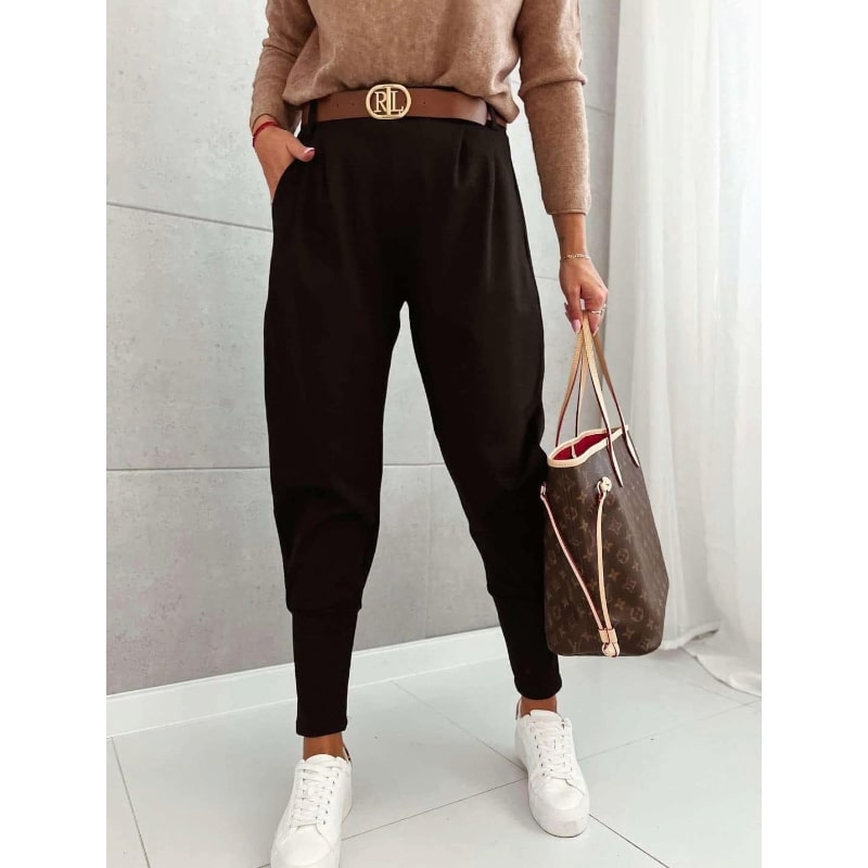 SOPHIA - stylové kalhoty s páskem, černá, velikost sedne od S do L