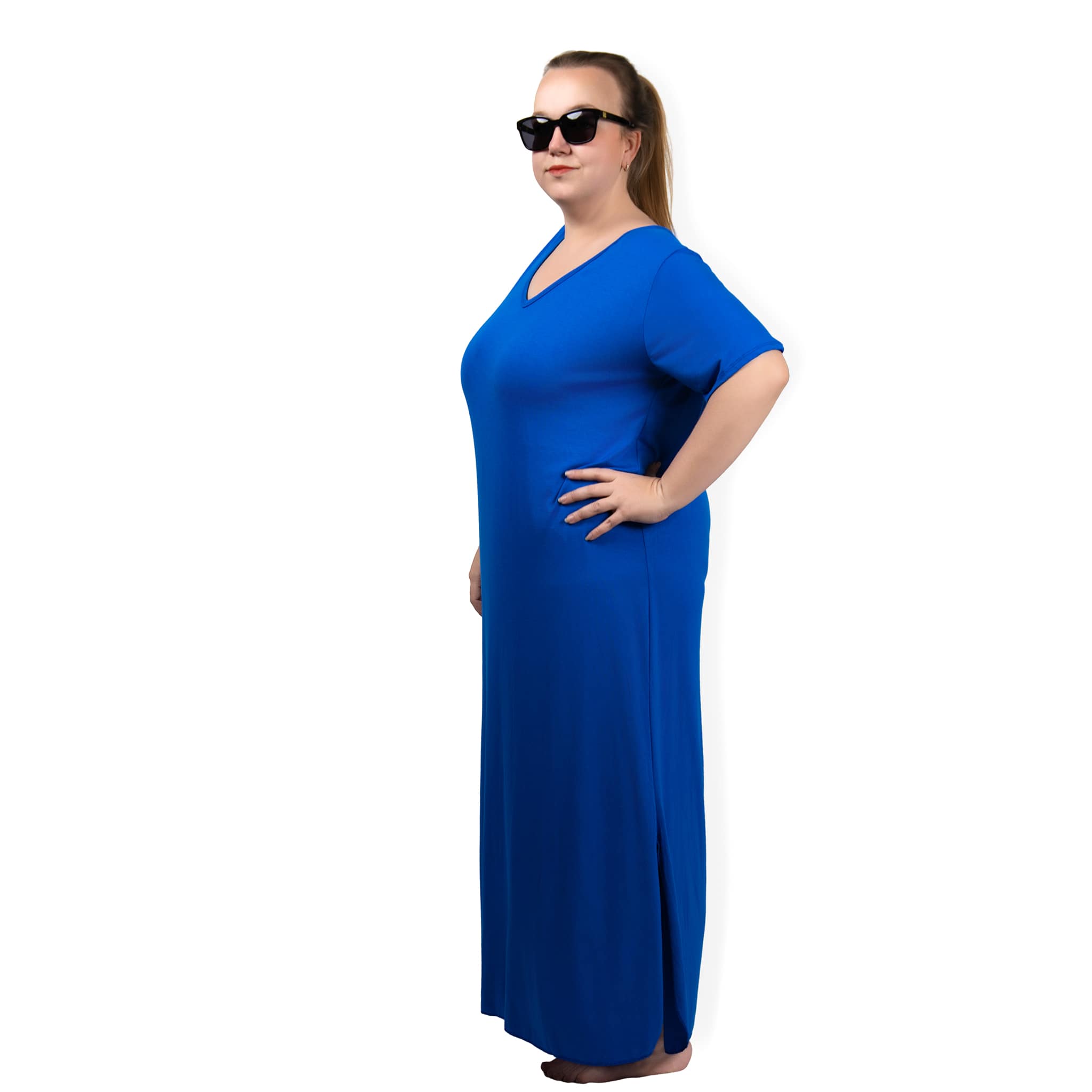 MIRANDA - dlouhé PLUS SIZE modré šaty s výstřihem do V, sednou do velikosti 50