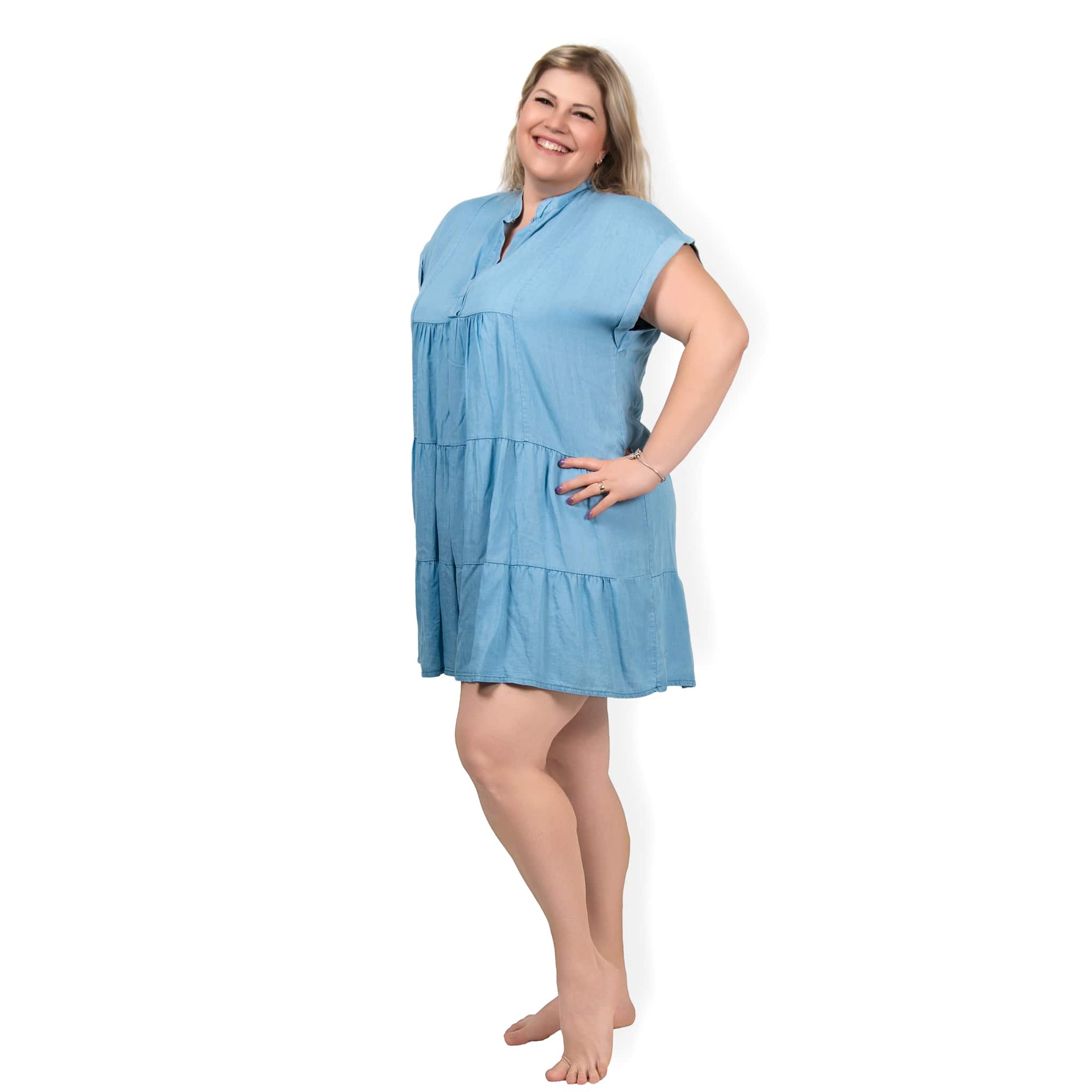 NERINA - riflové PLUS SIZE šaty - light denim, sednou do velikosti 52