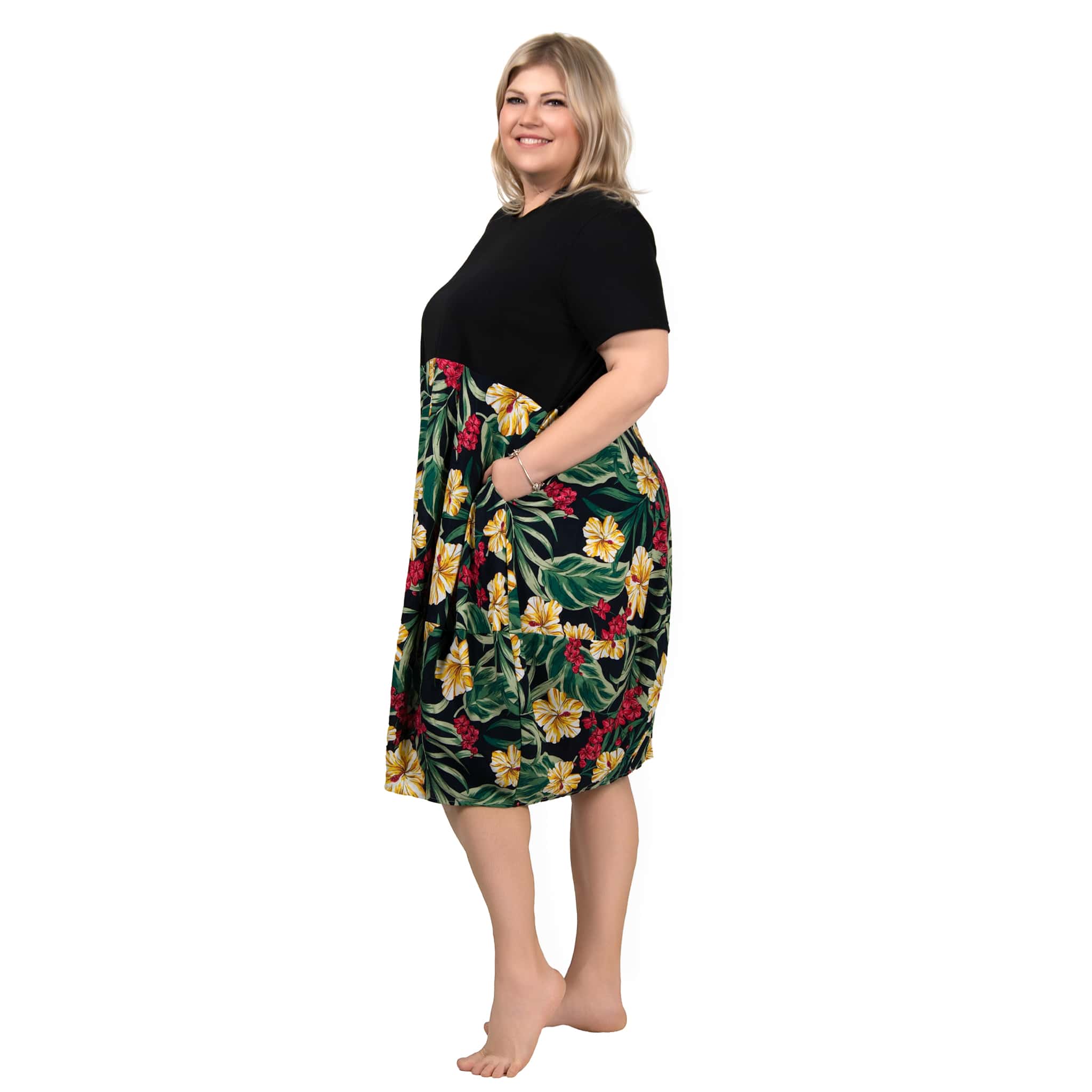 HAVAJ - PLUS SIZE šaty s květovanou sukní - zelená, sednou do velikosti 52