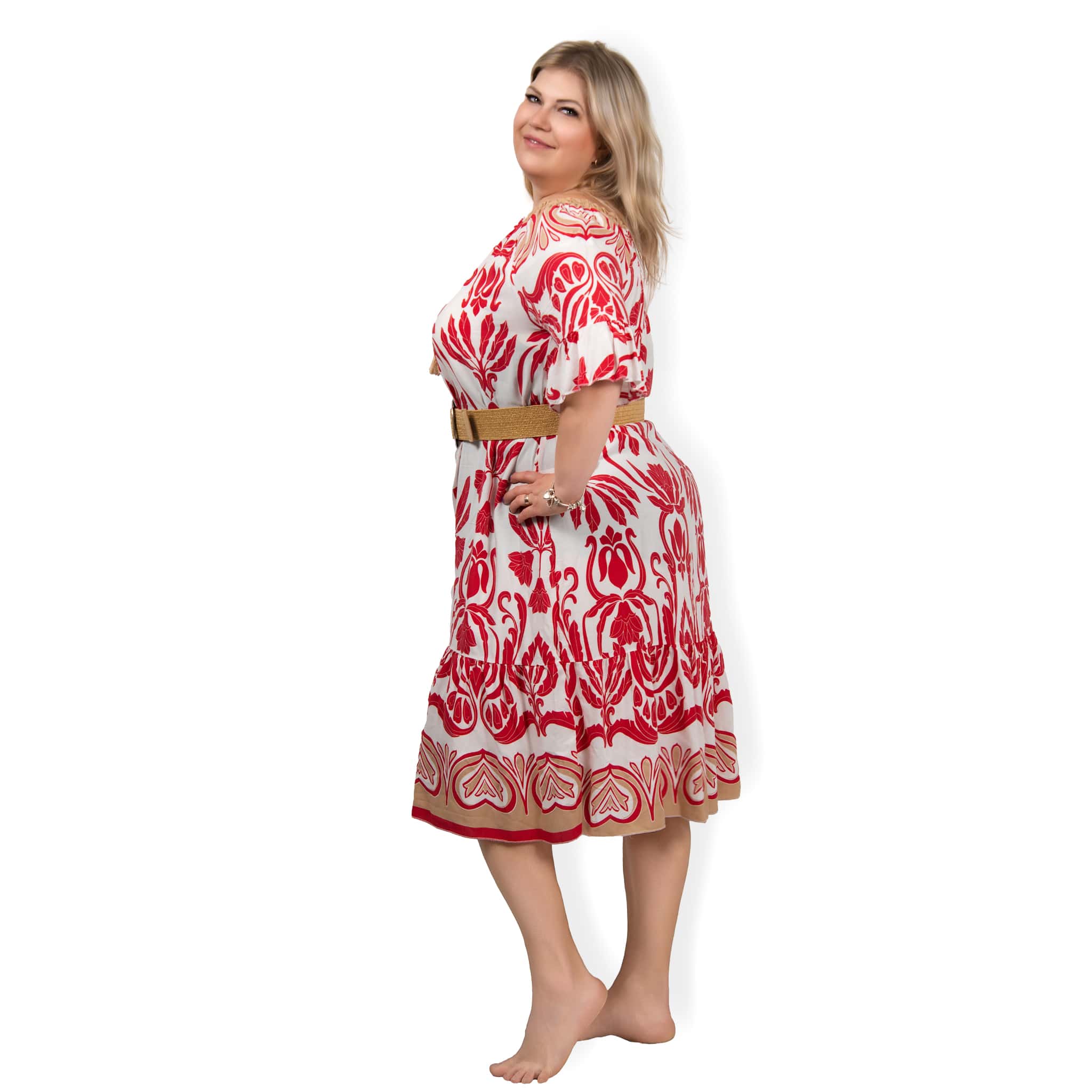 ESMÉ - PLUS SIZE šaty s potiskem - červená, sednou do velikosti 50