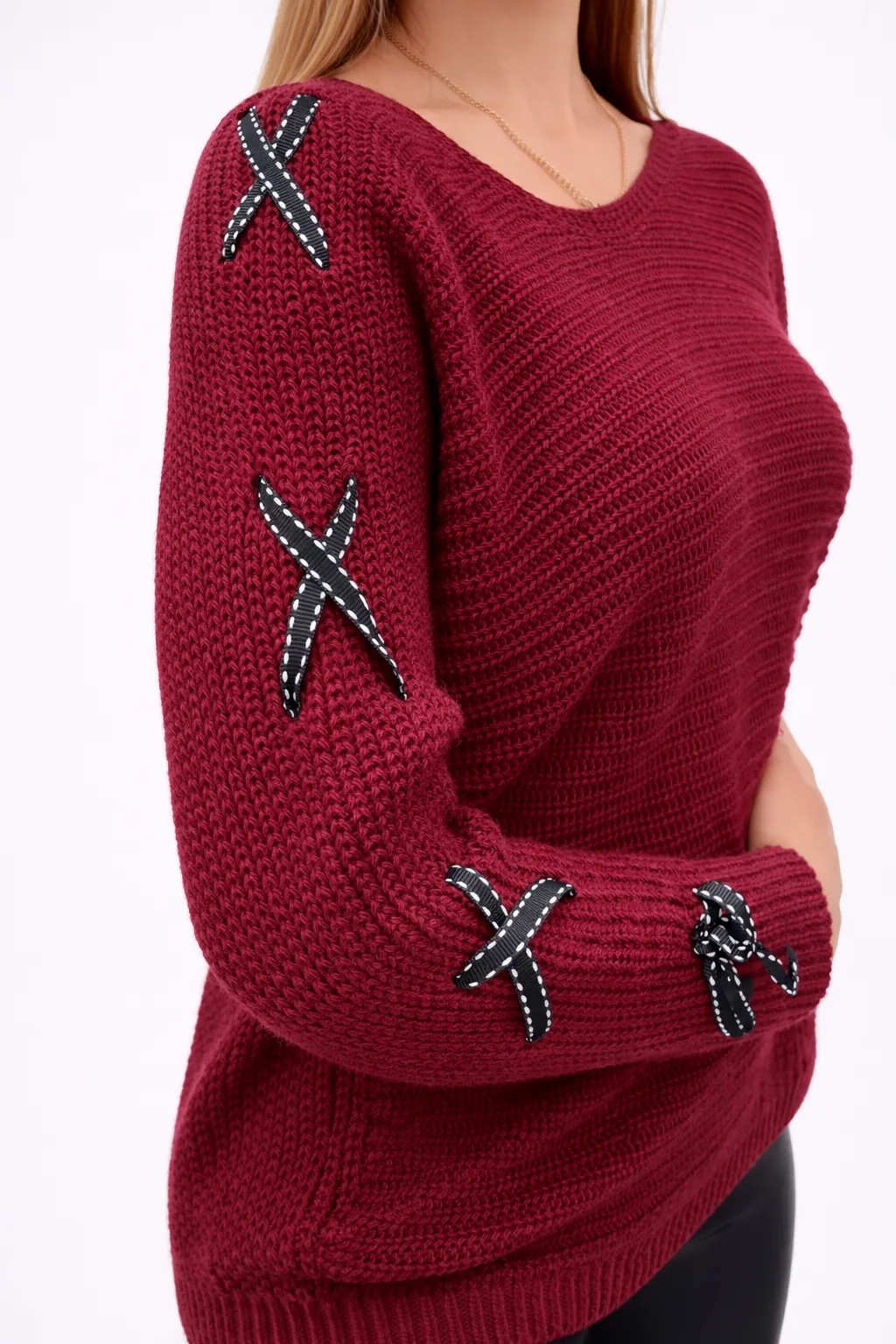 TASHA svetr - s mašlí - burgundy, sedne do velikosti L