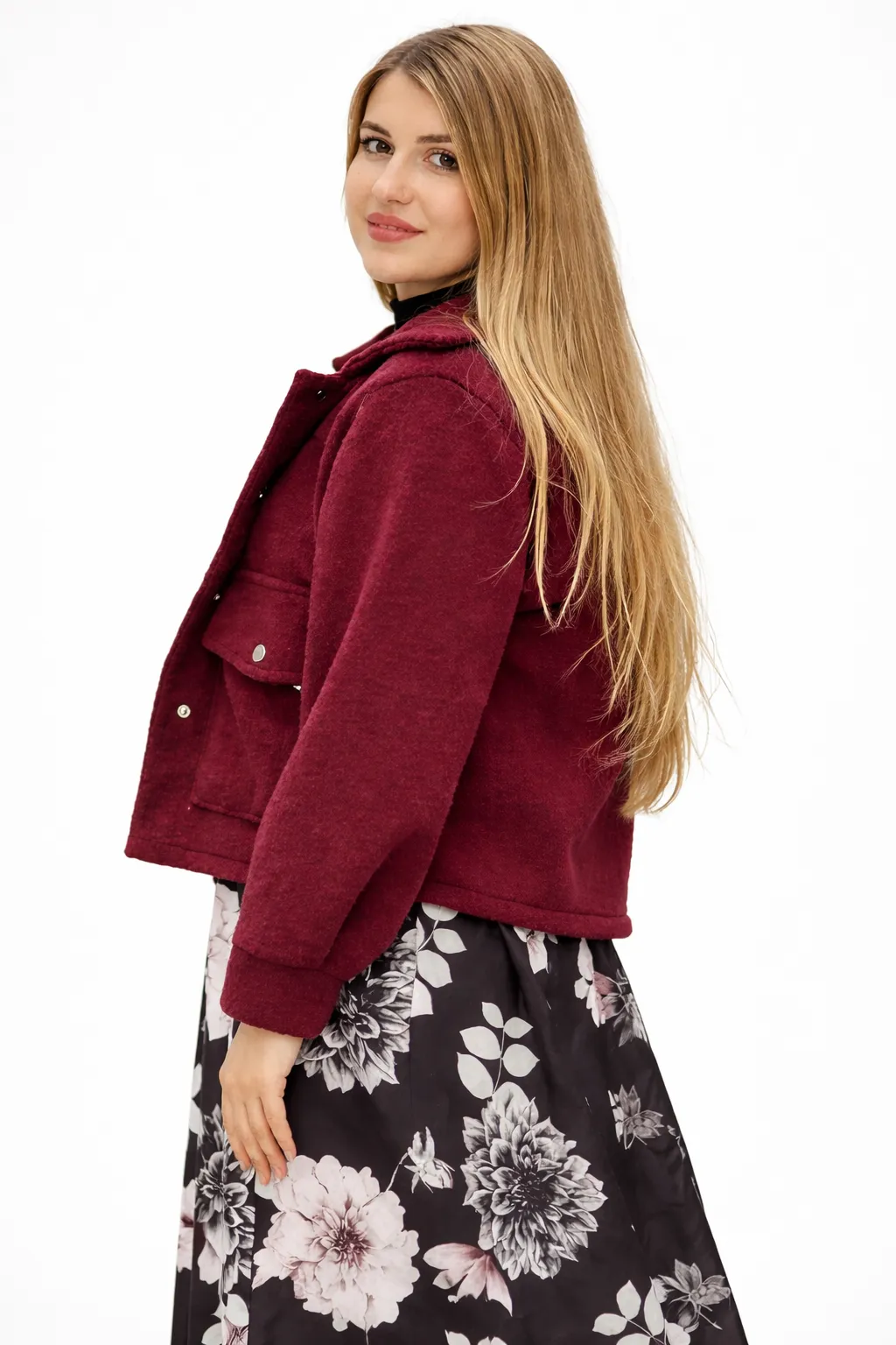 KATE - krátký kabát - burgundy, sedne od velikosti S do XL