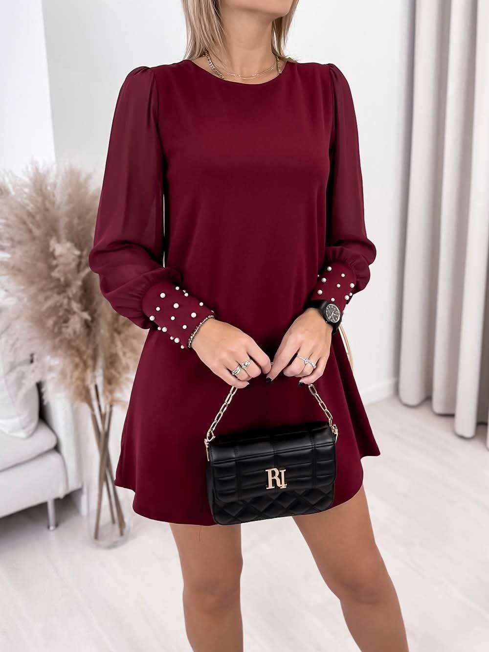 CRYSTAL - šaty s perličkami - burgundy, velikost sedne od S do XL