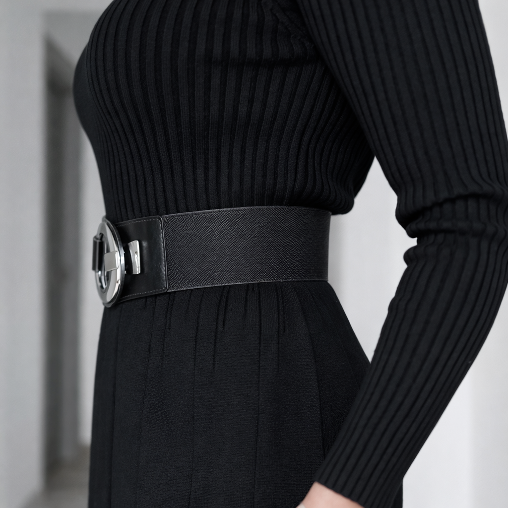 LARA - PLUS SIZE pružný pásek se stříbrnou sponou - černá, 83-123 cm