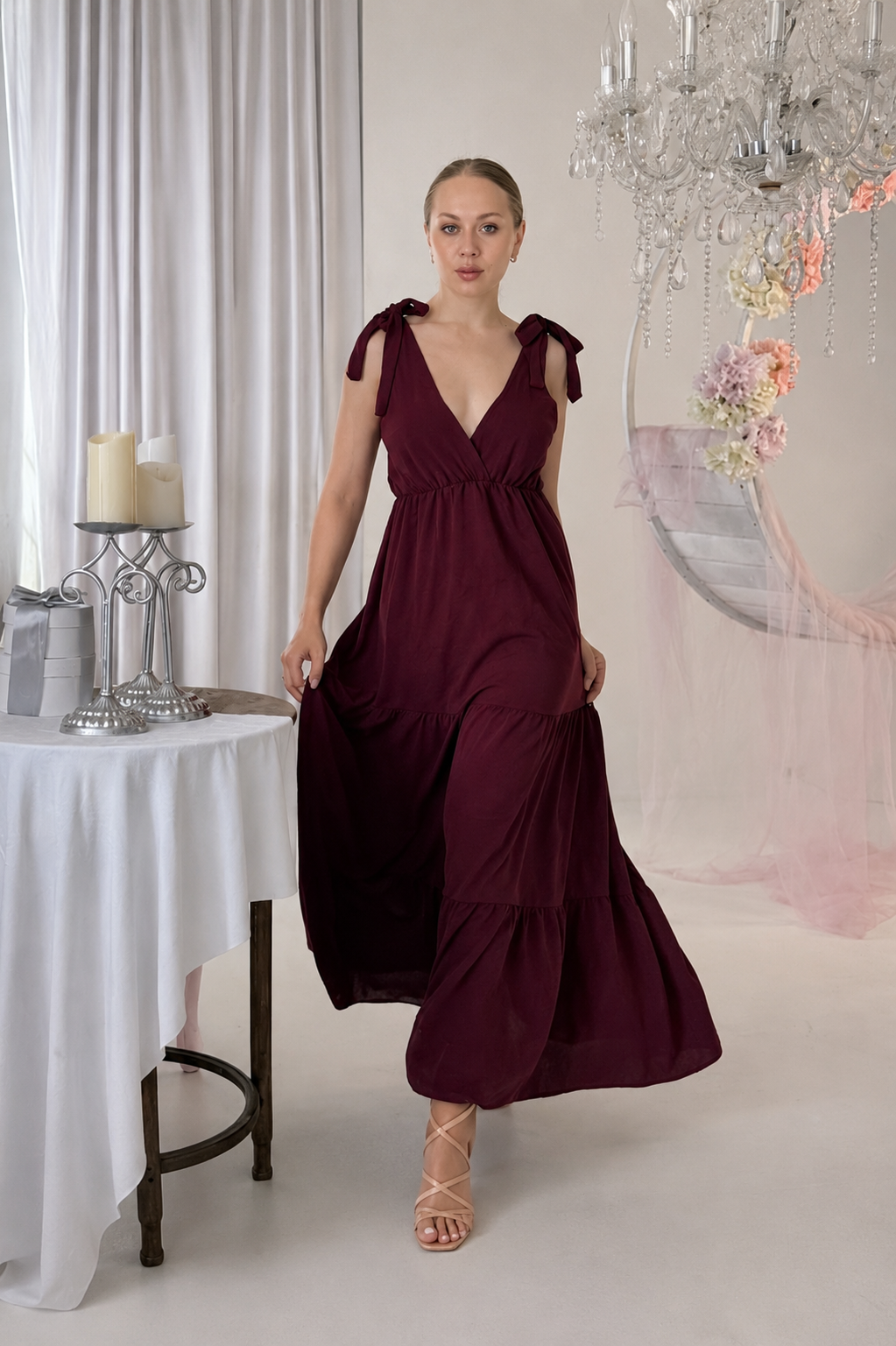 MARA - maxi šaty - merlot, velikost sedne od S do XL