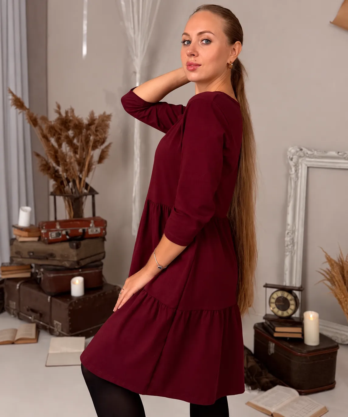 JULIANA - šaty s 3/4 rukávem - burgundy, sedne od velikosti S do L
