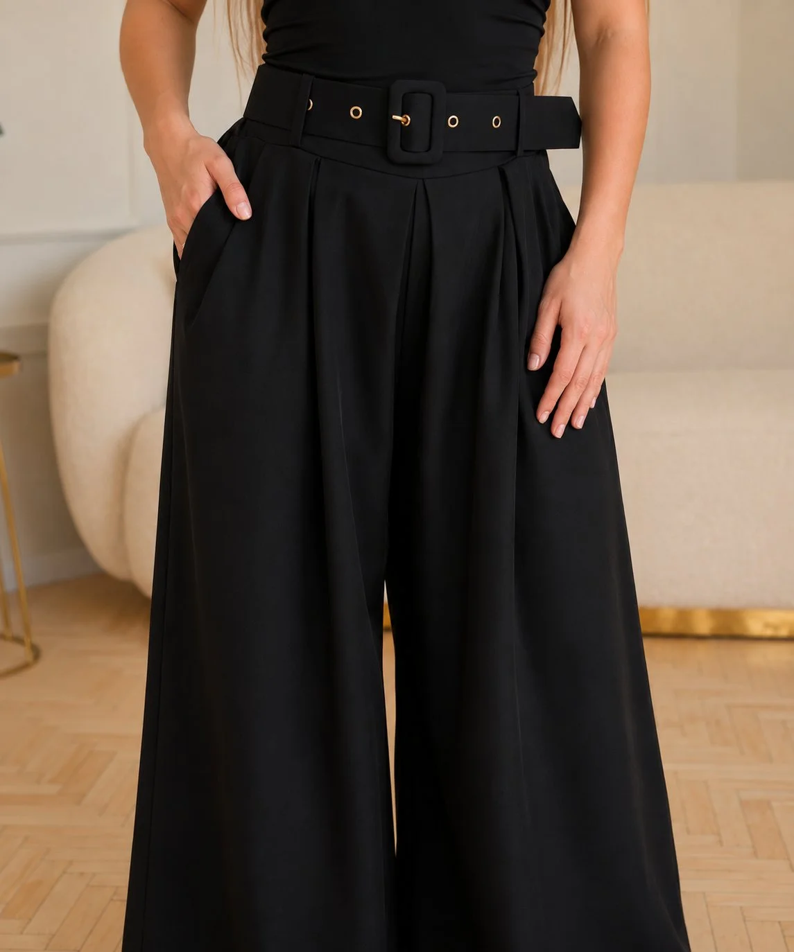 VICTORIA - elegantní široké kalhoty s páskem - černá, velikost od S do L