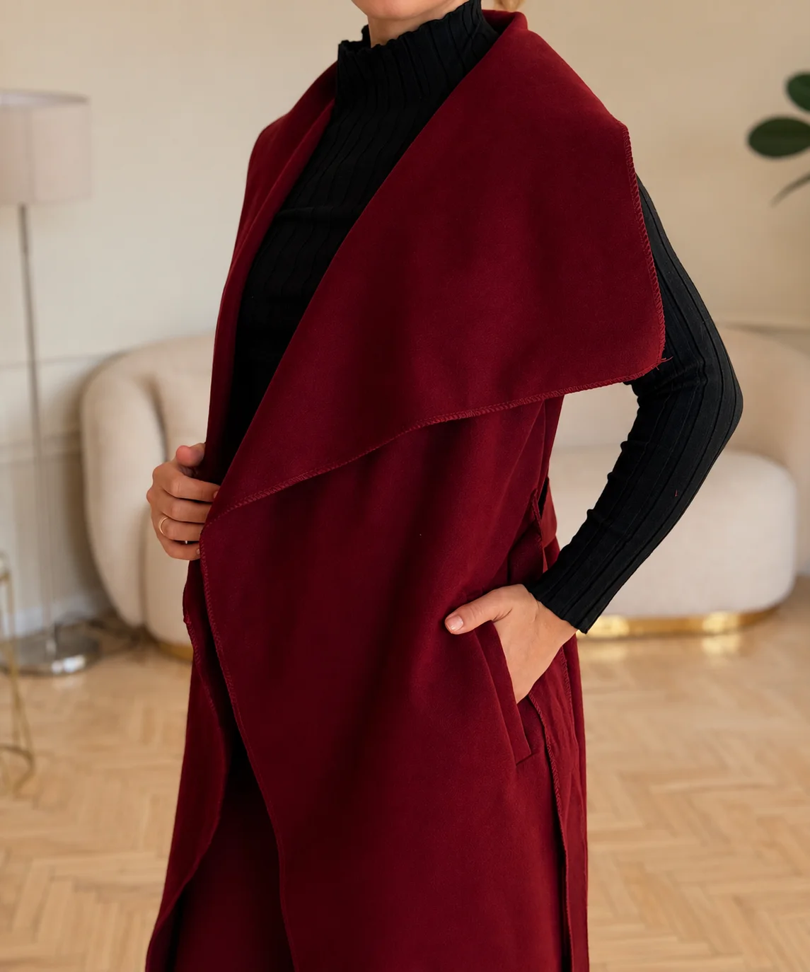 Moly - flaušová vesta dlouhá - burgundy, sedne od velikosti XS do L