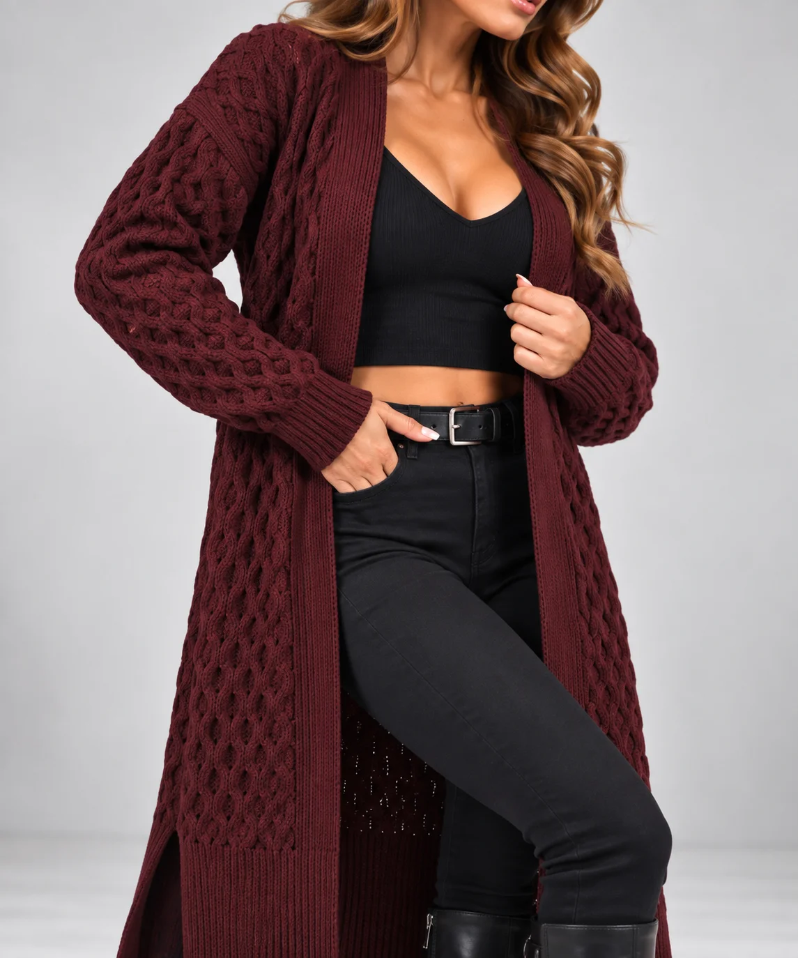 ADRIANA - dlouhý kardigan - burgundy, velikost sedne od S do XL