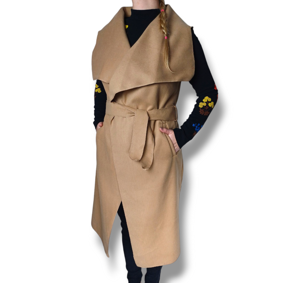 Moly - flaušová vesta dlouhá - camel, sedne od velikosti XS do XL