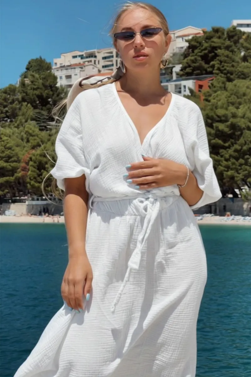 JESSICA - dlouhé mušelínové šaty - kokosová, sedne od velikosti XS do XL