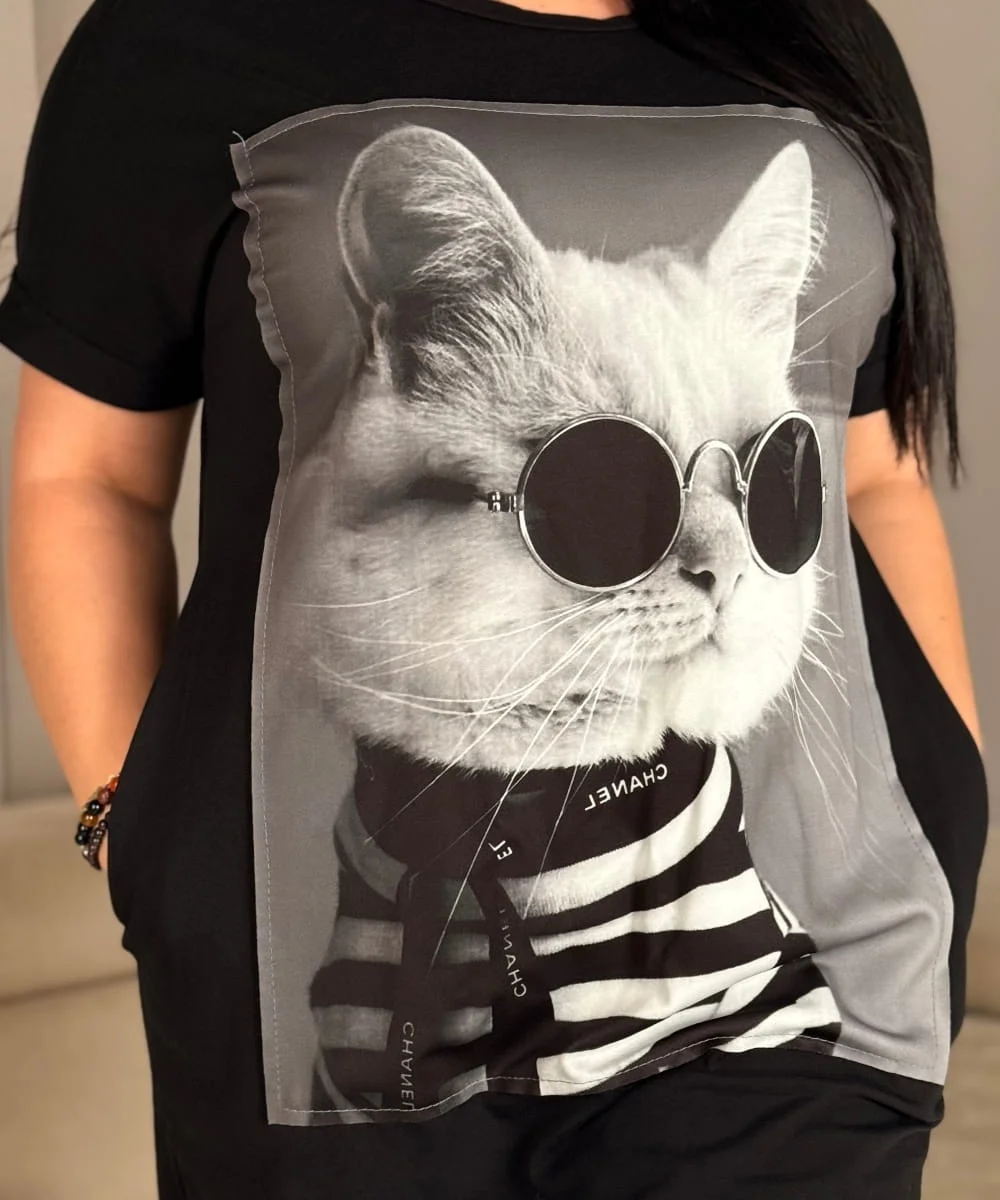 Catish - PLUS SIZE tunika s kočičím potiskem, sedne do velikosti 48