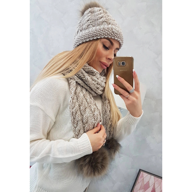 Nina - zimní set čepice se šálou a bambulemi - béžová