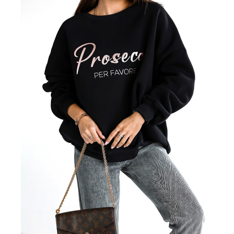 Oversize mikina Prosecco PER FAVORE - černá, sedne až do velikosti 50