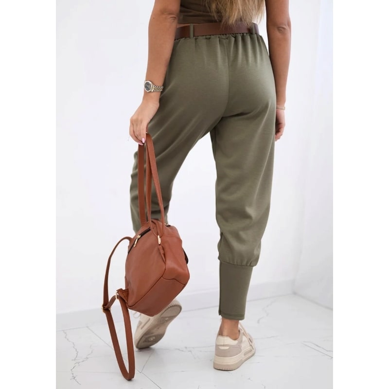 SOPHIA - stylové kalhoty s páskem, khaki, velikost sedne od S do L