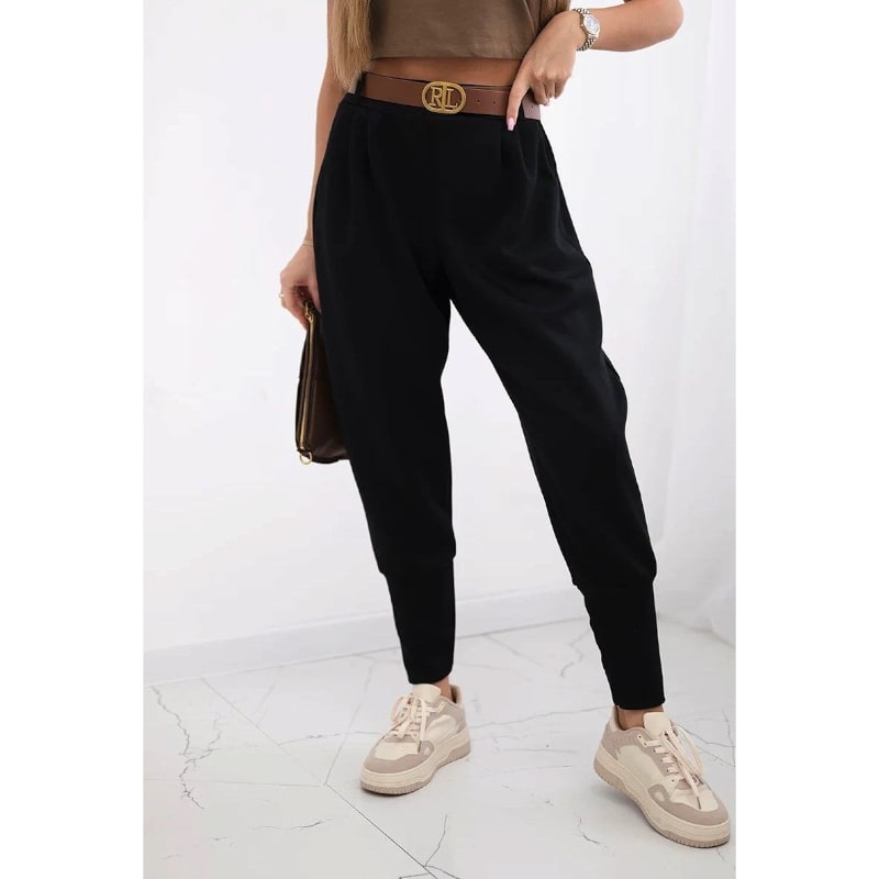 SOPHIA - stylové kalhoty s páskem, černá, velikost sedne od S do L