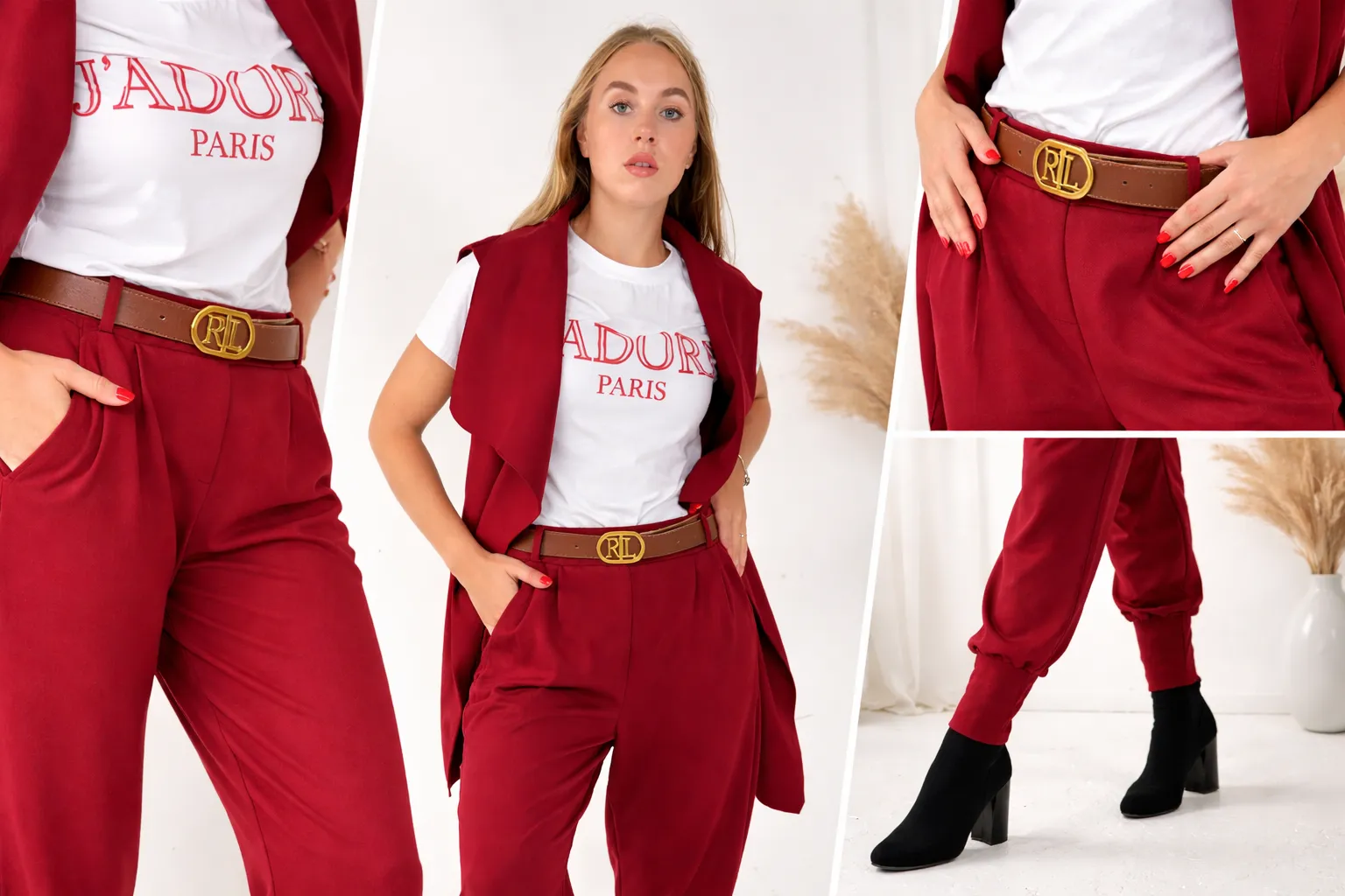 SOPHIA - stylové kalhoty s páskem, červená, velikost sedne od S do L