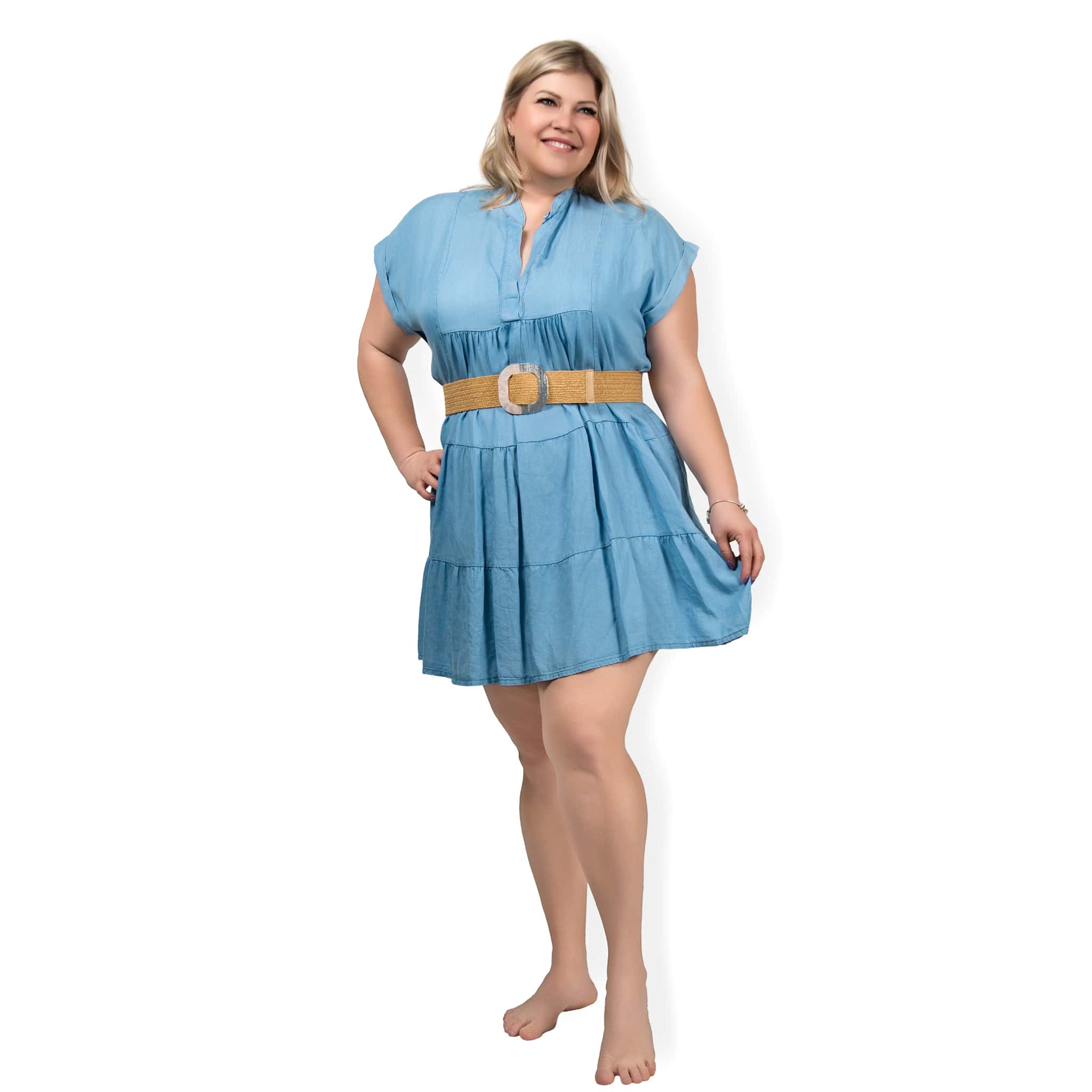 NERINA - riflové PLUS SIZE šaty - light denim, sednou do velikosti 52