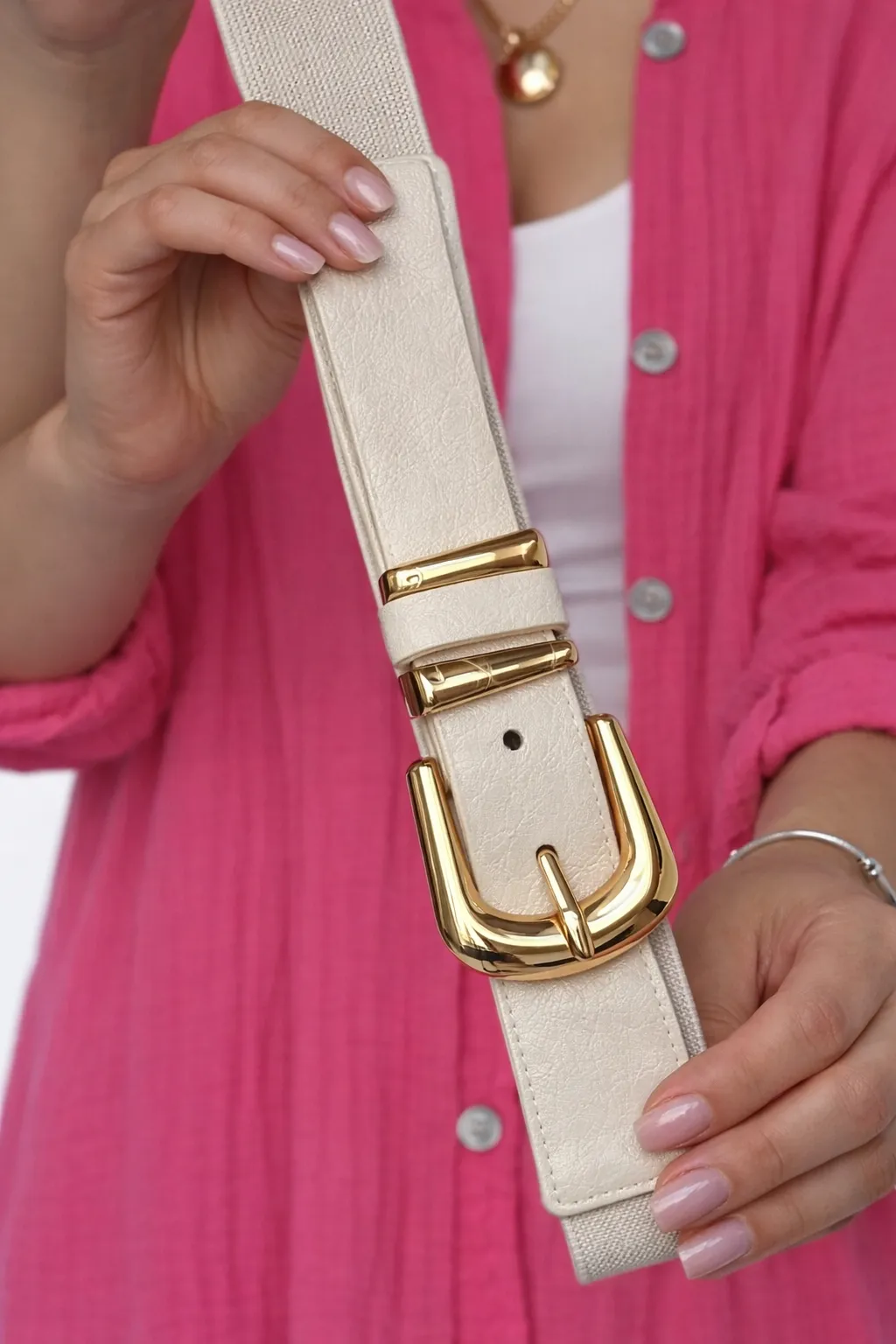 SOLA - pružný pásek béžový se zlatým kováním, velikost 70-110 cm