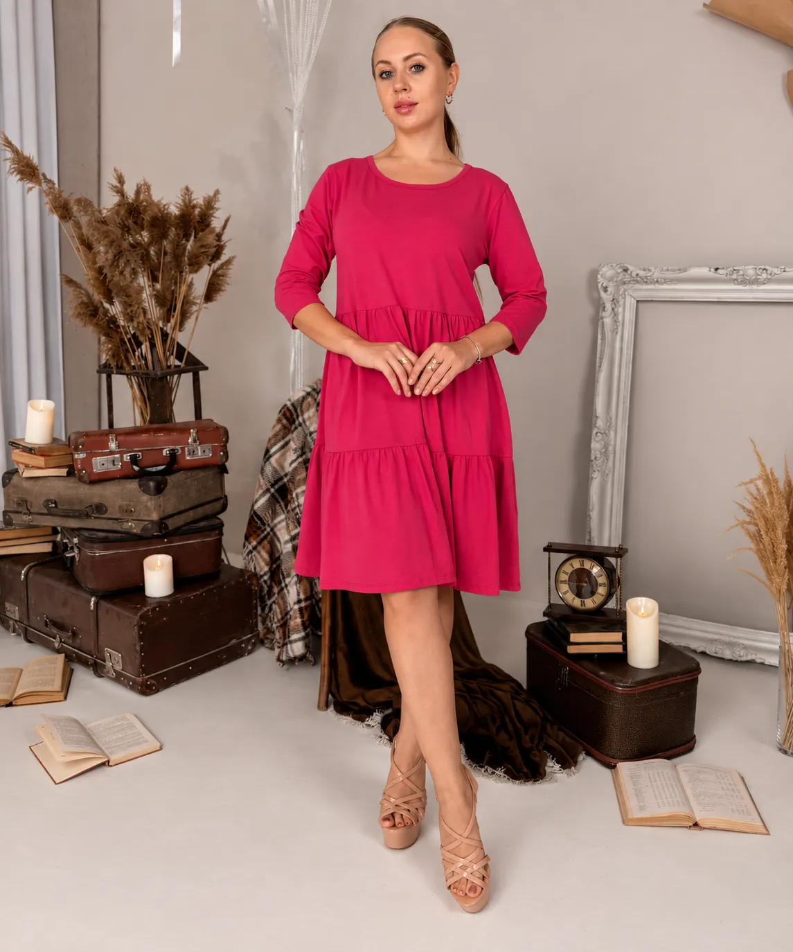 JULIANA - šaty s 3/4 rukávem - magenta, sedne od velikosti S do L
