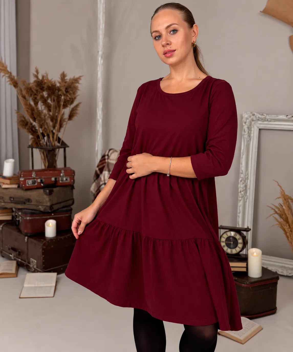 JULIANA - šaty s 3/4 rukávem - burgundy, sedne od velikosti S do L