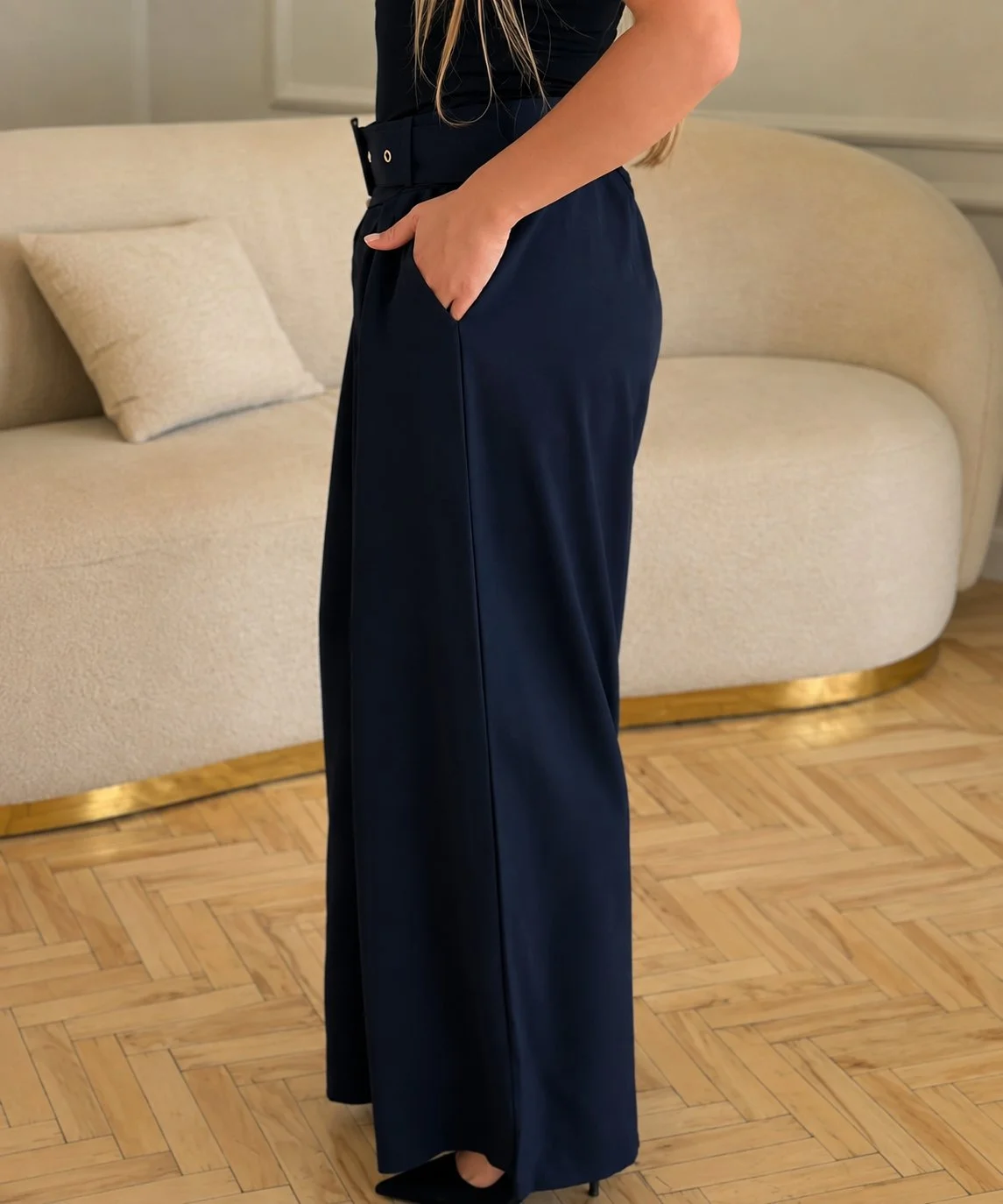 VICTORIA - elegantní široké kalhoty s páskem - modrá, velikost od S do L