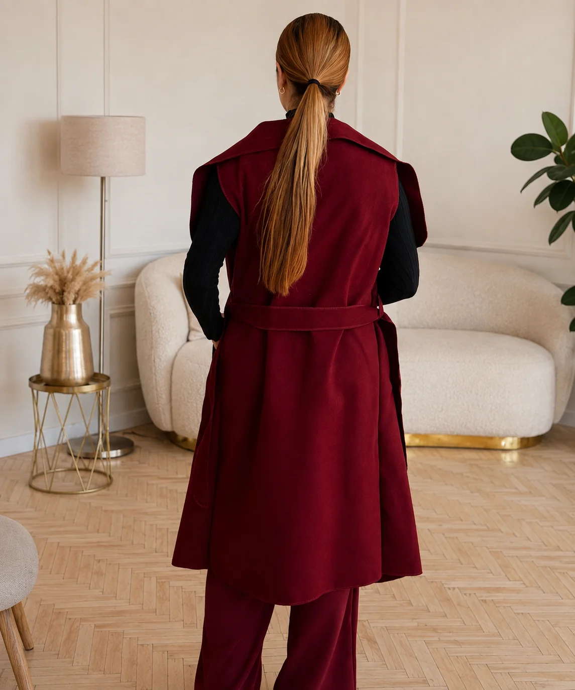 Moly - flaušová vesta dlouhá - burgundy, sedne od velikosti XS do L