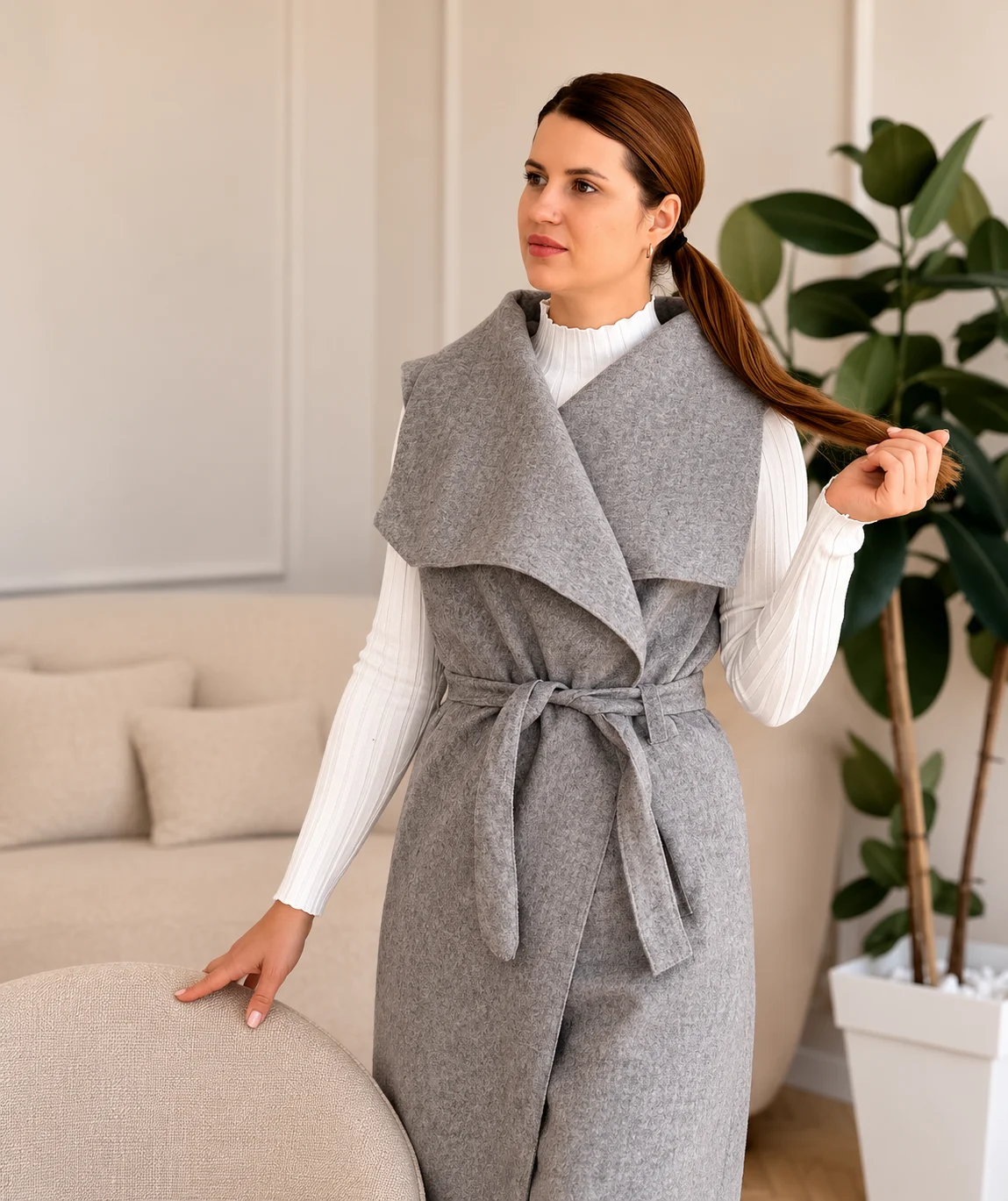 Moly - flaušová vesta dlouhá - šedá, sedne od velikosti XS do L