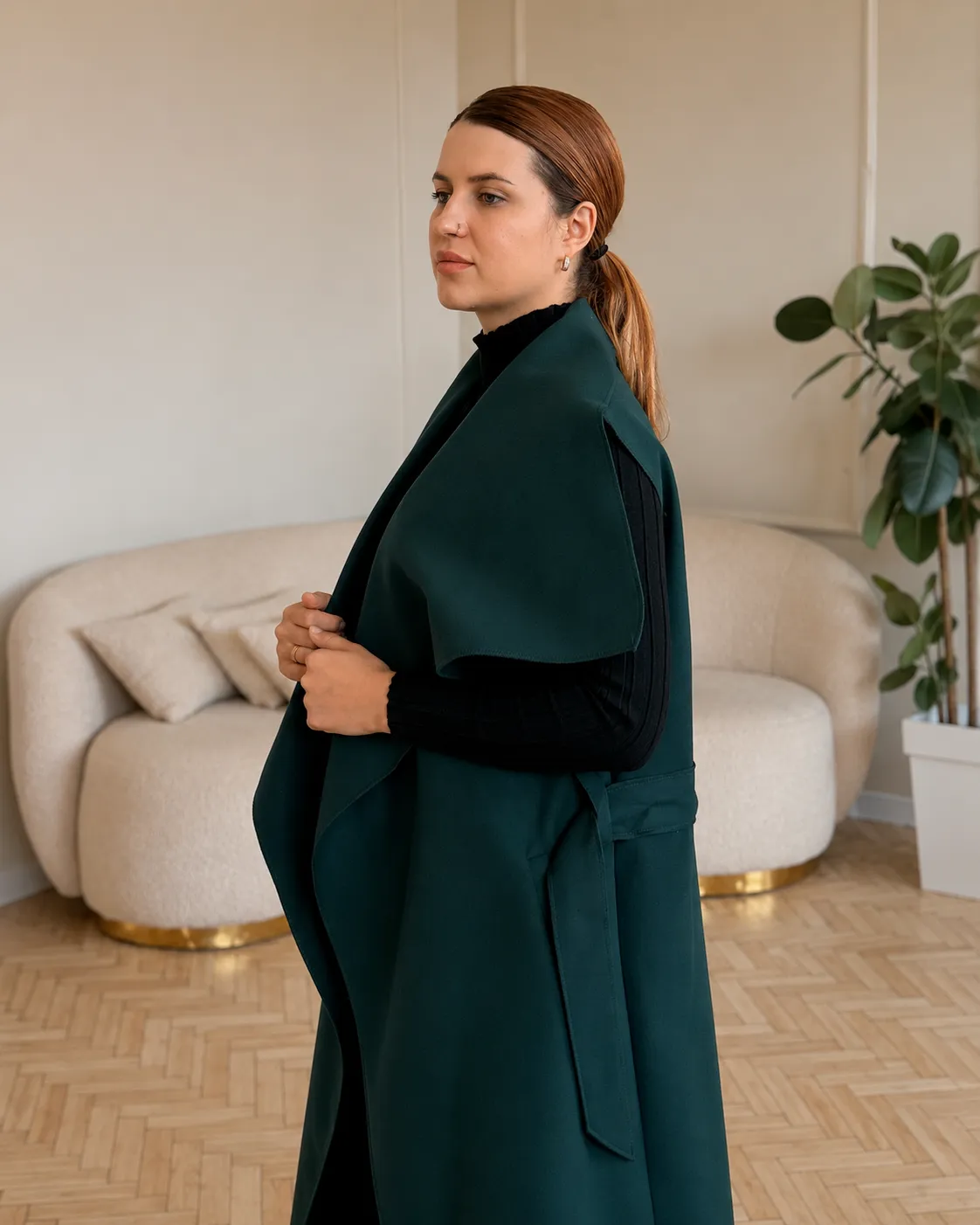 Moly - flaušová vesta dlouhá - smaragdová, sedne od velikosti XS do L
