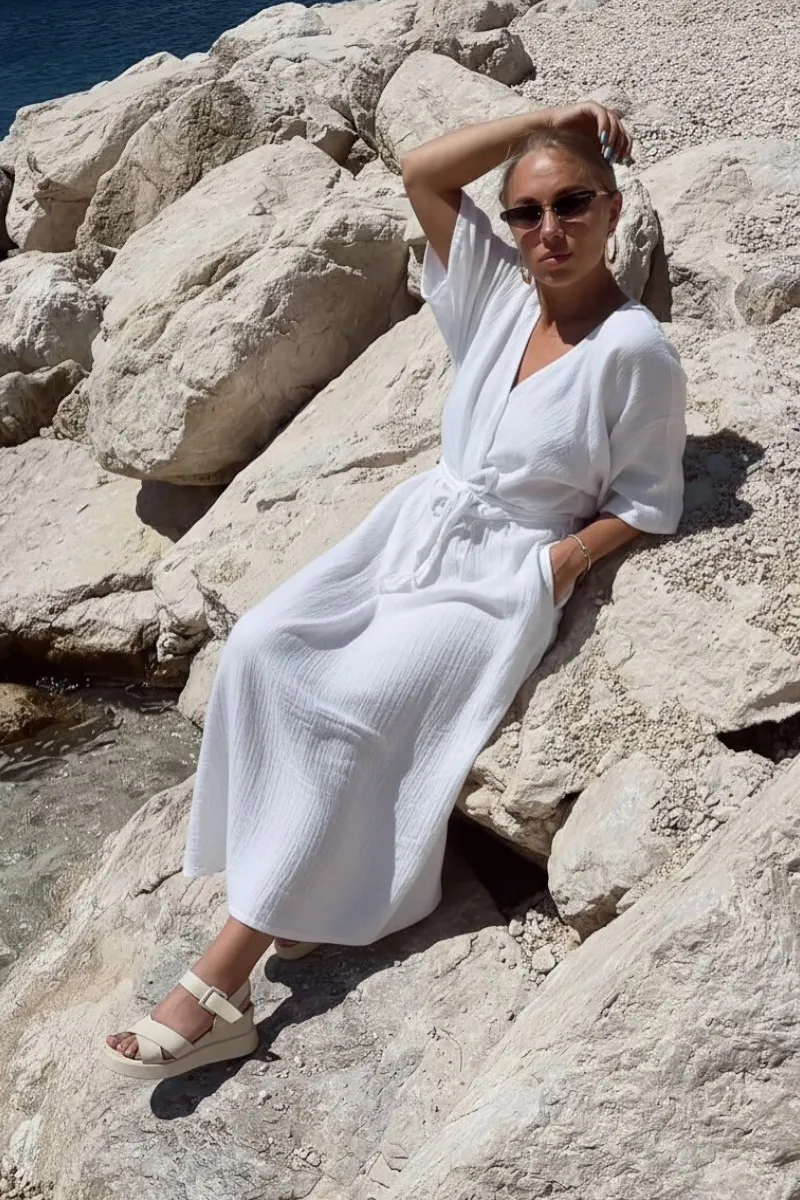 JESSICA - dlouhé mušelínové šaty - kokosová, sedne od velikosti XS do XL