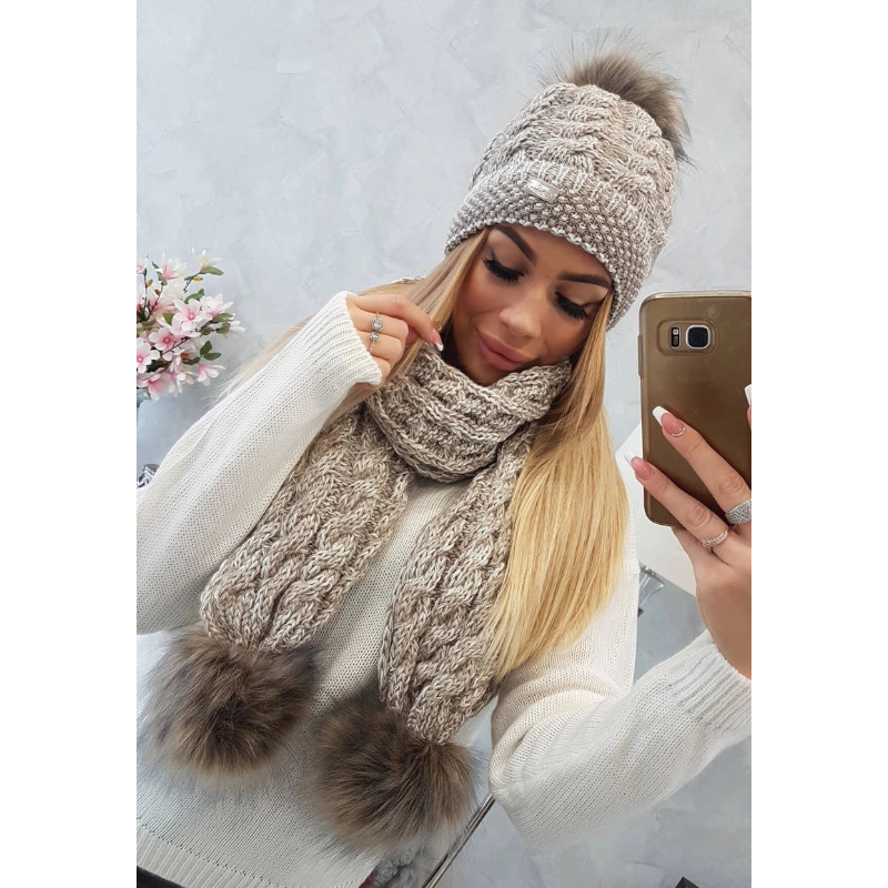 Nina - zimní set čepice se šálou a bambulemi - béžová