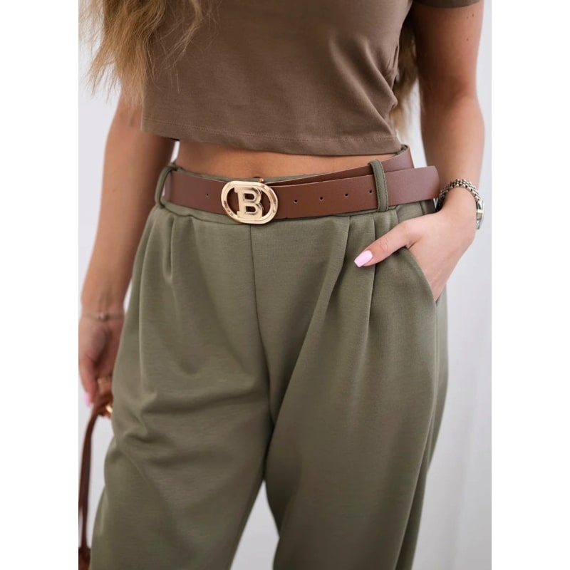 SOPHIA - stylové kalhoty s páskem, khaki, velikost sedne od S do L