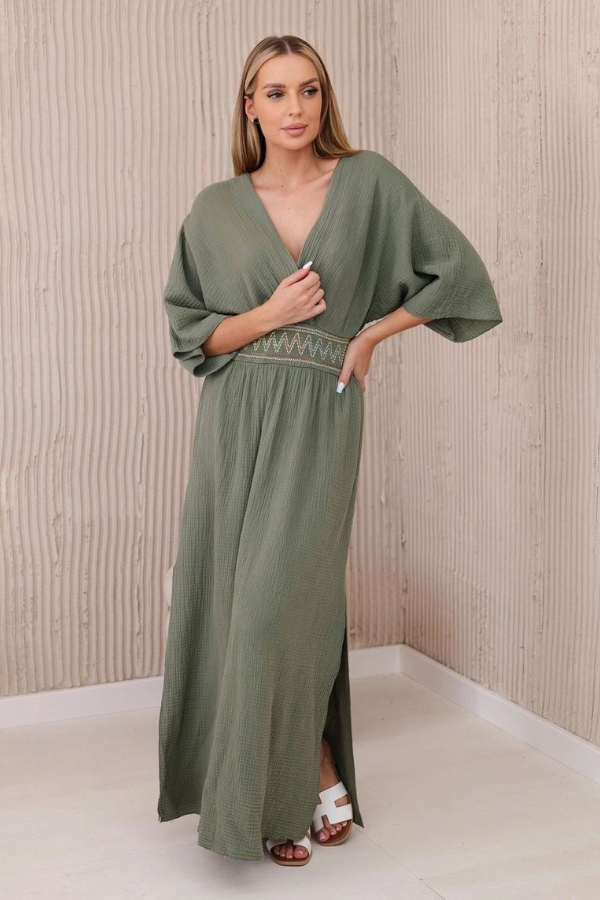 MELANIE - mušelínové šaty s výšivkou v pase, khaki, sednou od velikosti S do L