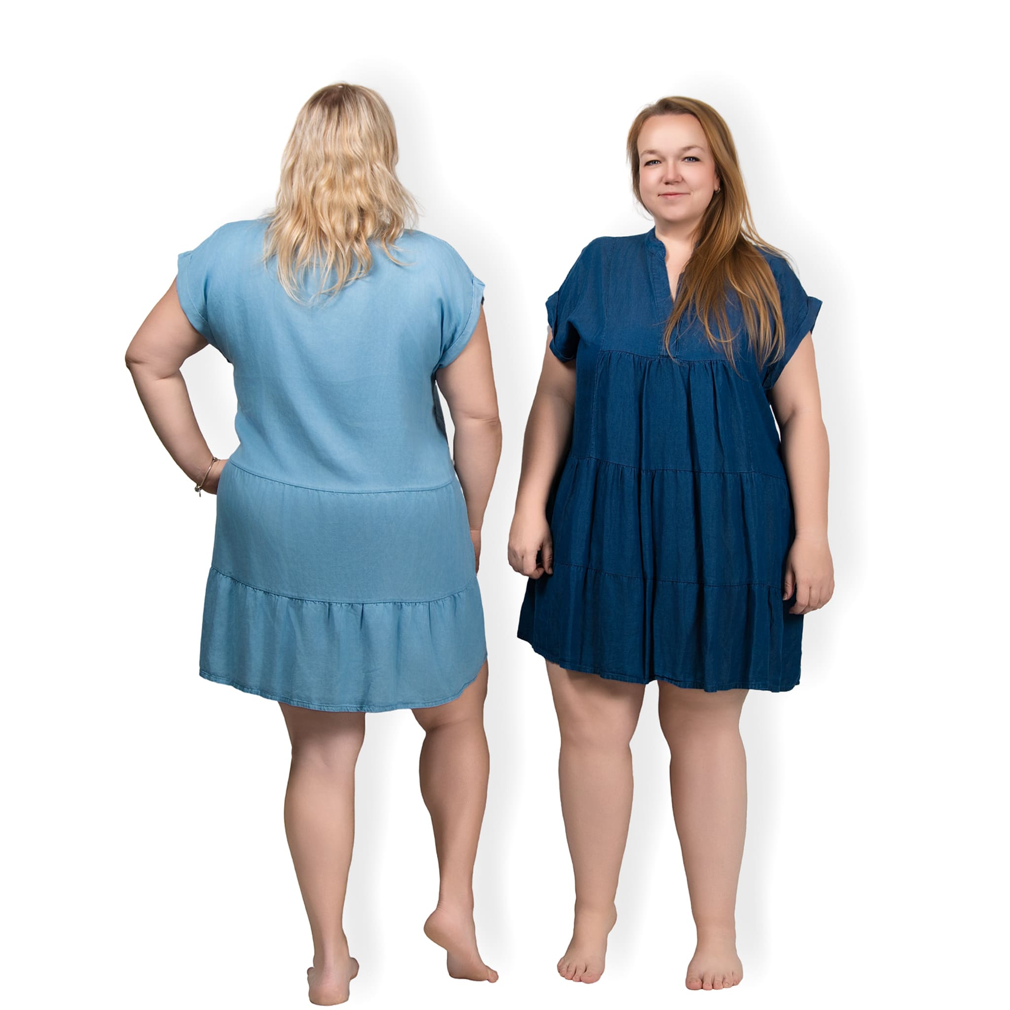 NERINA - riflové PLUS SIZE šaty - light denim, sednou do velikosti 52