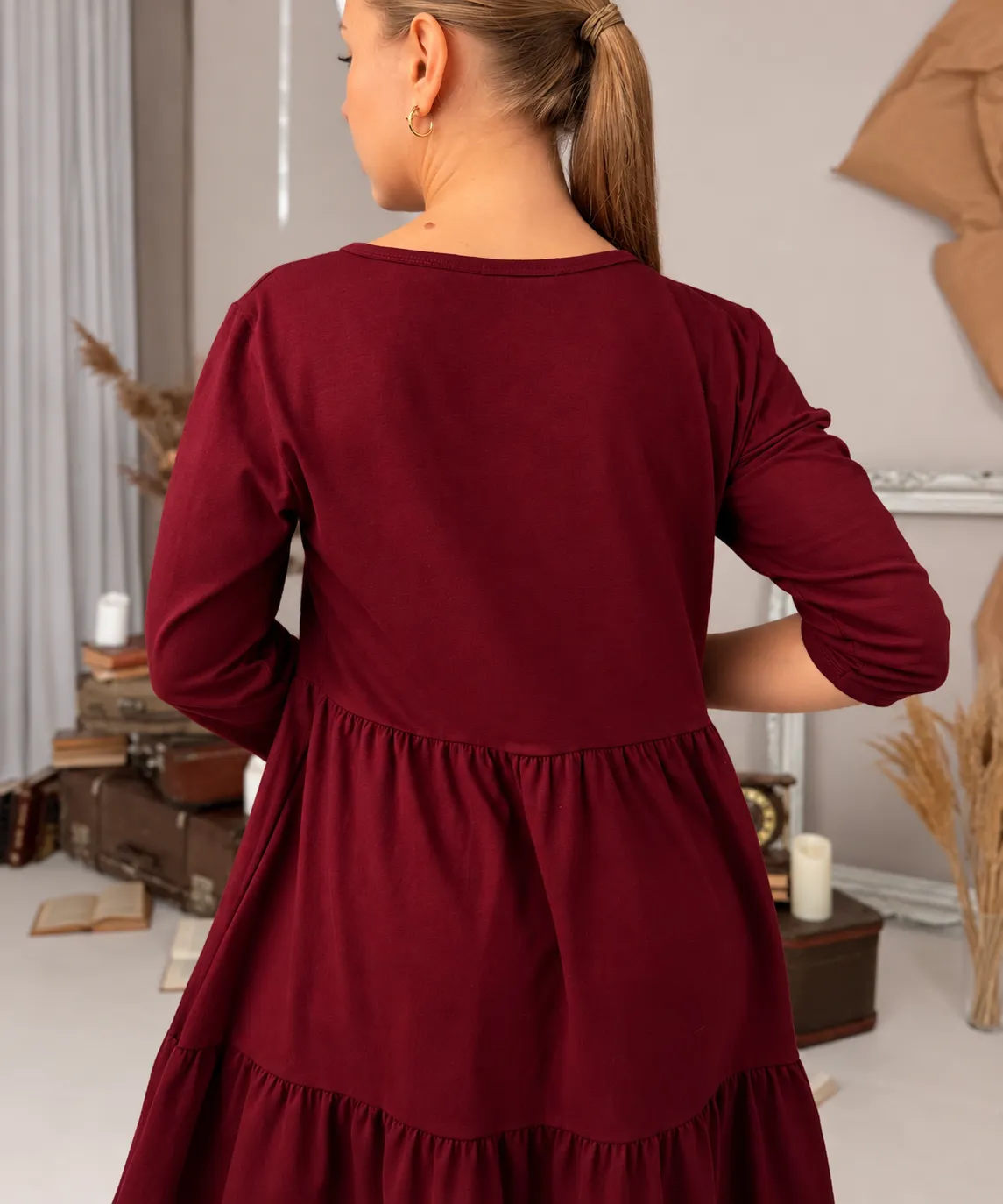 JULIANA - šaty s 3/4 rukávem - burgundy, sedne od velikosti S do L