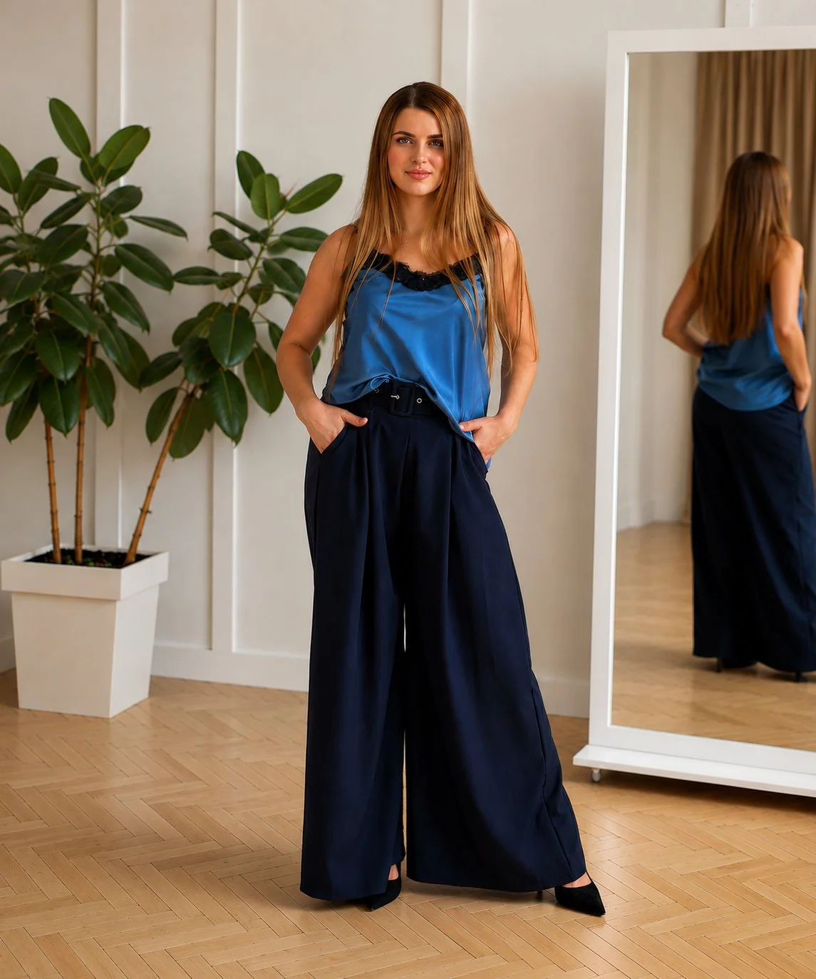 VICTORIA - elegantní široké kalhoty s páskem - modrá, velikost od S do L