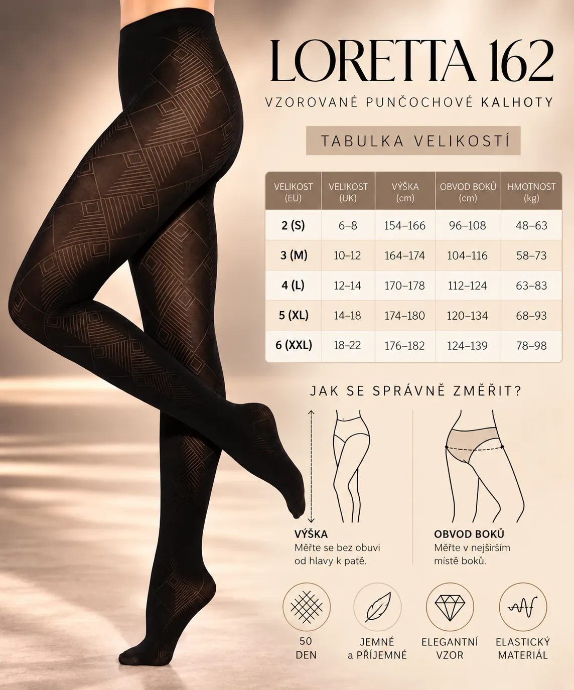 LORETTA 162 - elegantní vzorované punčocháče, 50 DEN - velikosti od S do XXL